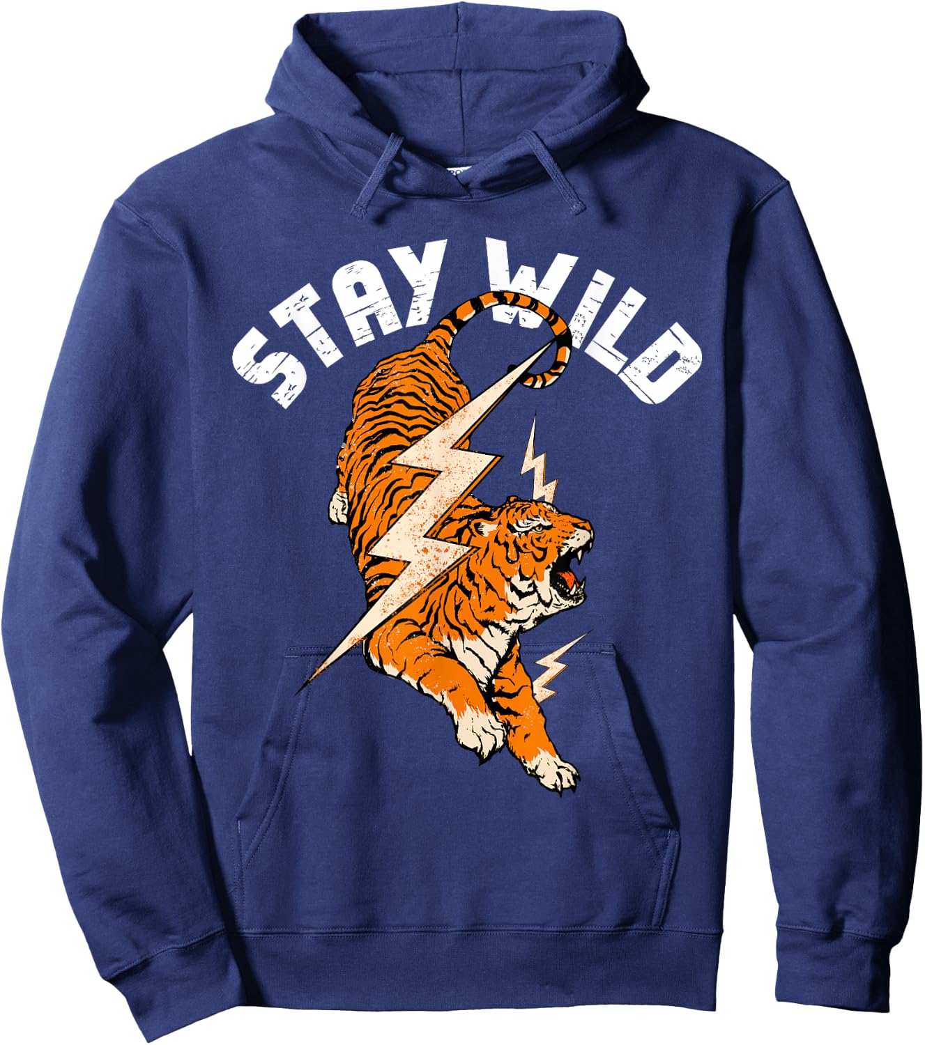 Stay Wild Tiger Cool Tiger & Lightning Bolt Retro Distressed Hoodie - Hoodie | Navy