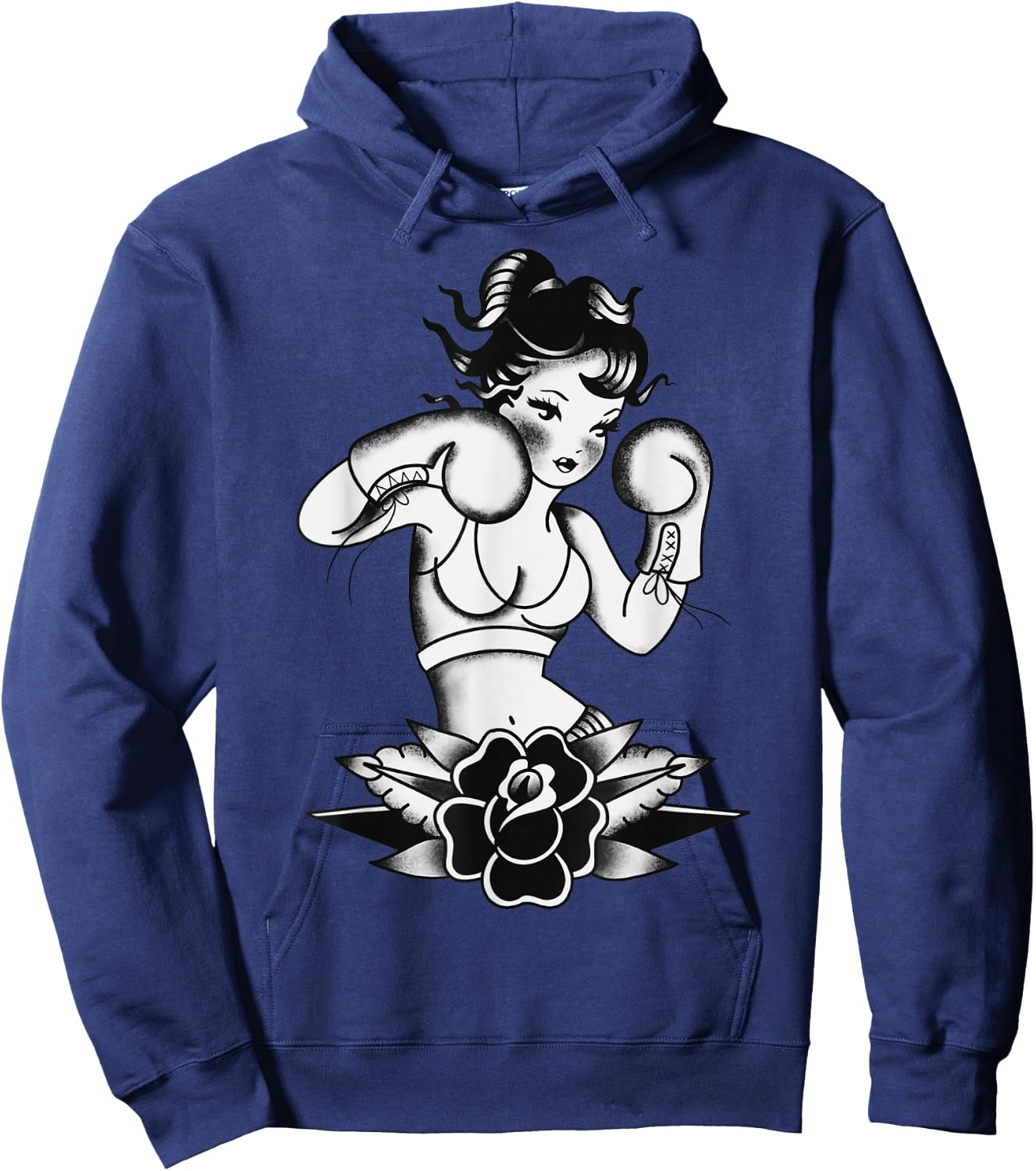 Traditional Boxer Girl Pin-Up Pretty Girl Blackwork Hoodie - Hoodie | Navy