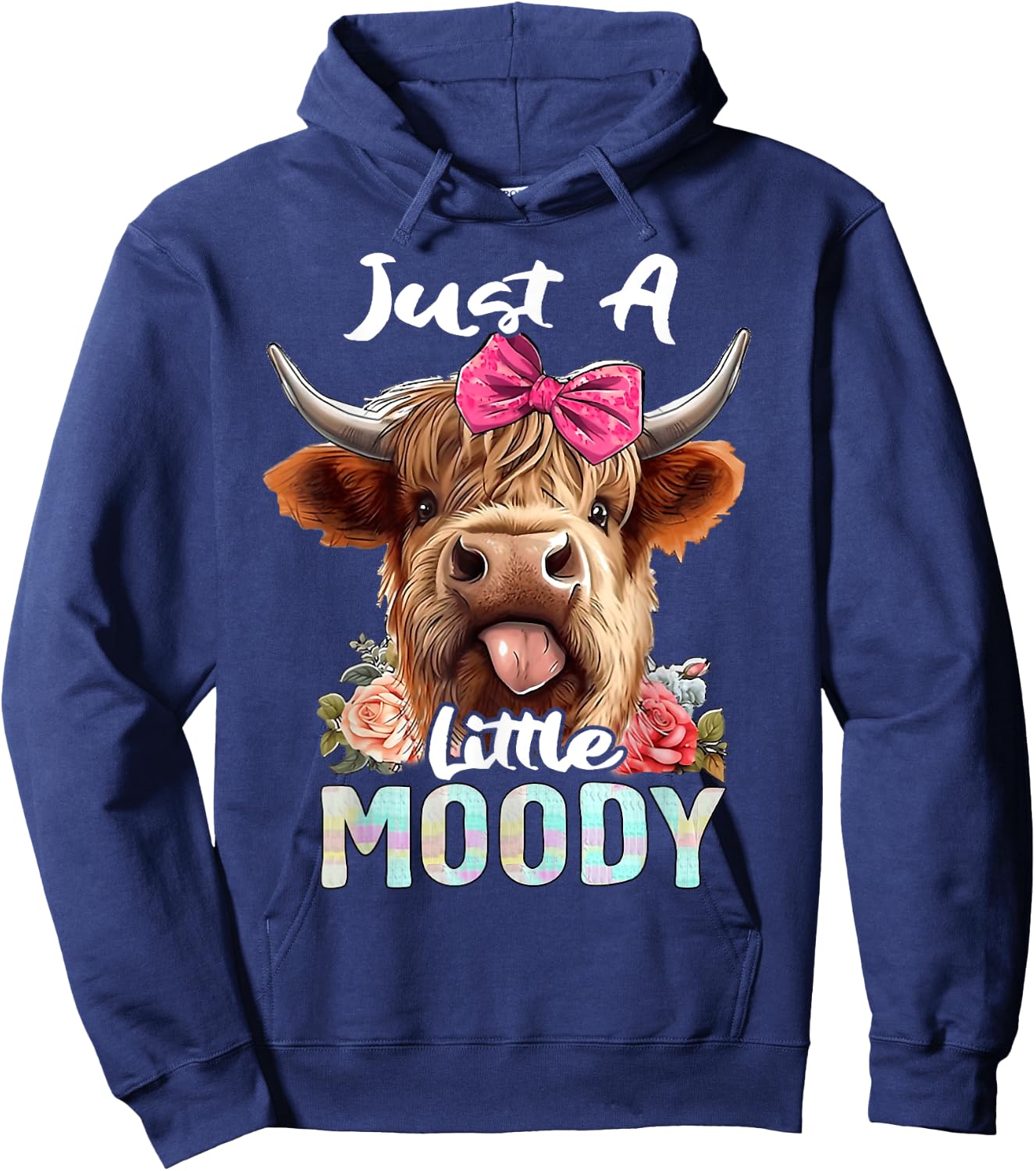 Highland Cow Just A Little Moody Pink Bow Funny Farmer Women Hoodie - Hoodie | Navy