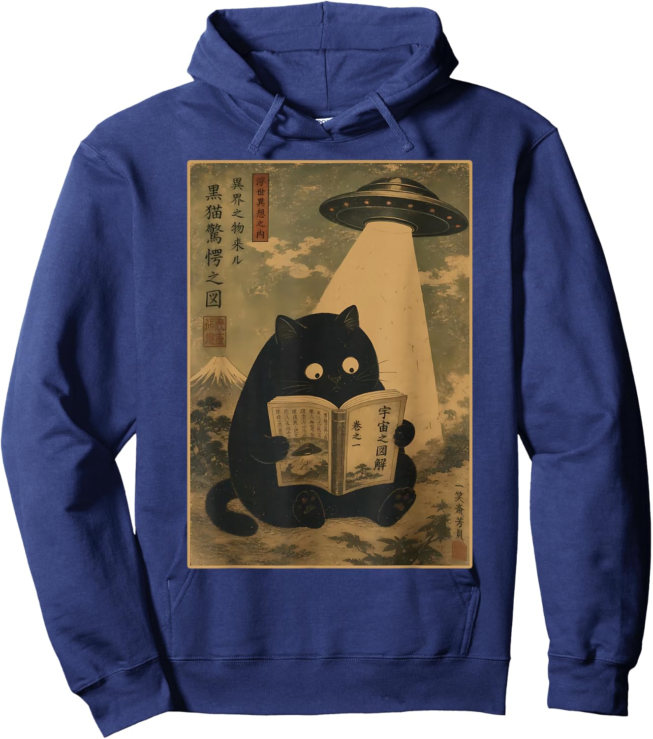 Vintage Japanese Cat Reading Book UFO Alien Abduction Cat Hoodie - Hoodie | Navy