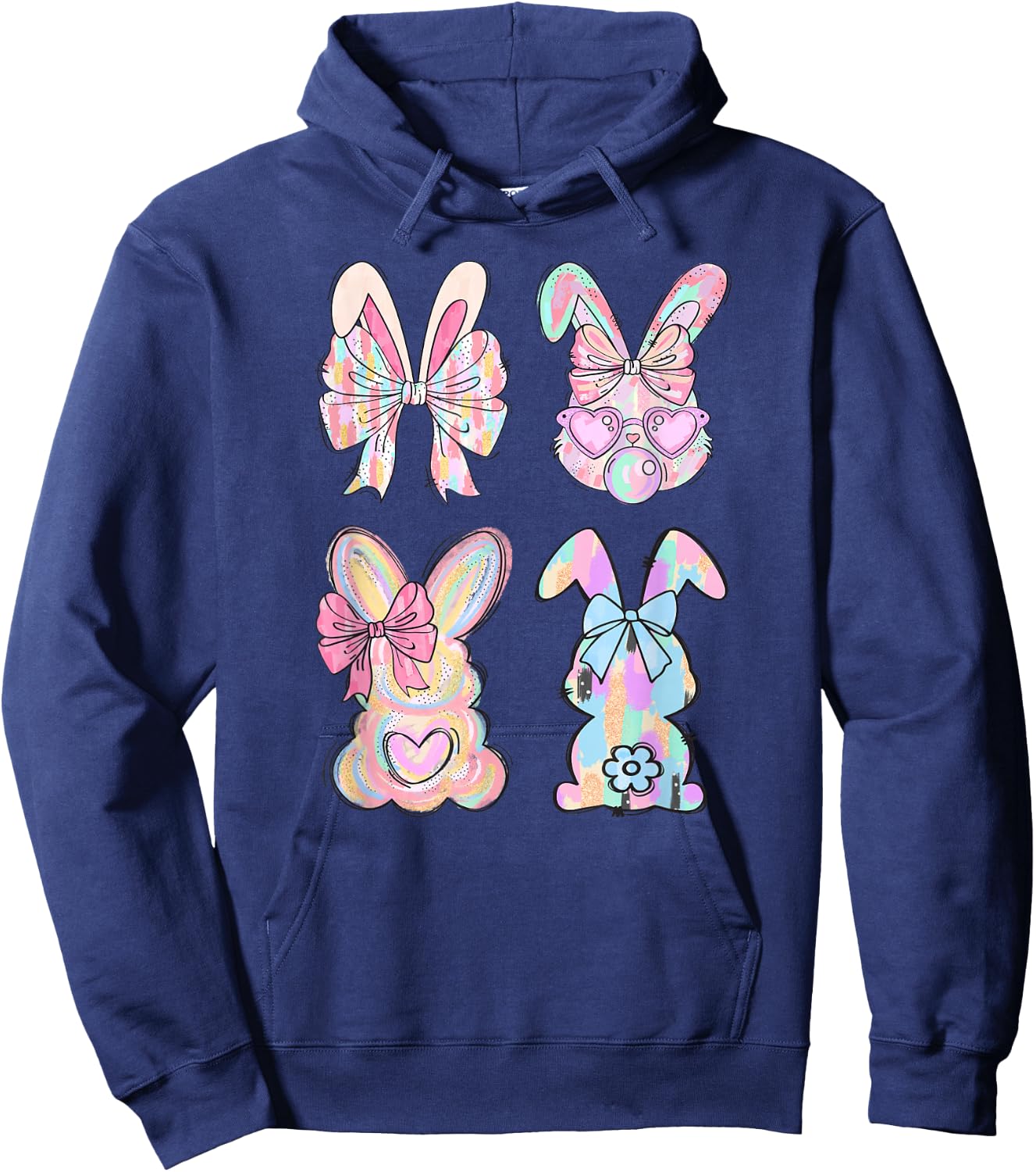 Ombré Easter Day Cute Bunny Rabbit Face Tie Dye Glasses Girl Hoodie - Hoodie | Navy