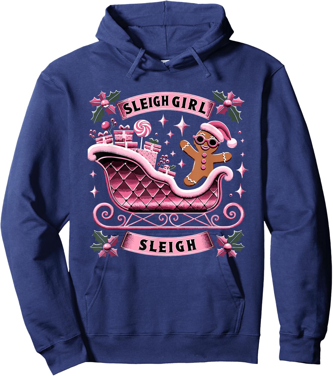 Groovy Pink Christmas Candy Sleigh Girl Gingerbread Holiday Hoodie - Hoodie | Navy