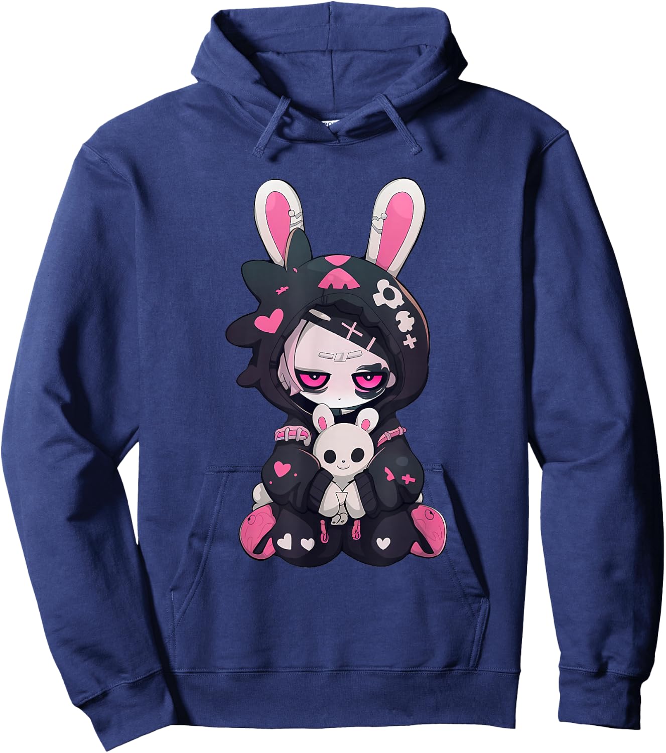 Cute Gothic Girl Chibi Style Bunny E-Girl Skull Heart Grunge Hoodie - Hoodie | Navy