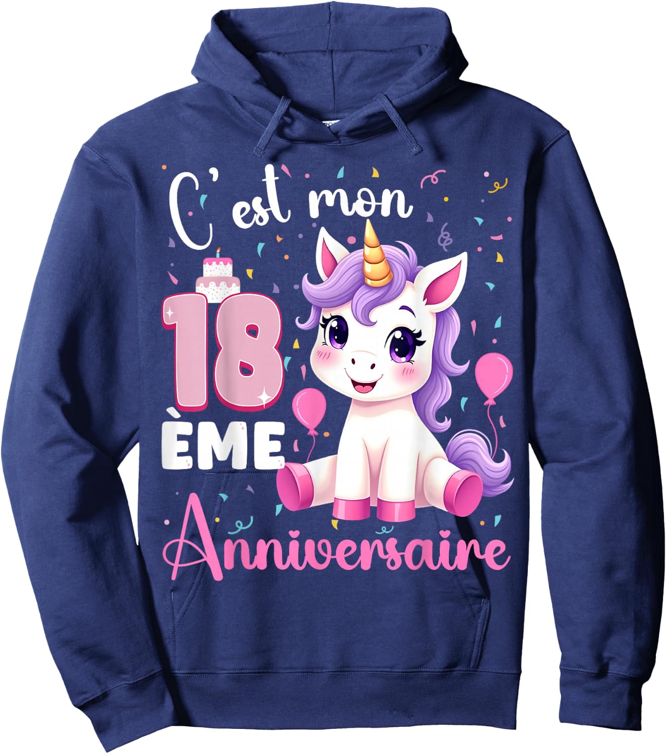 Cute Unicorn C'est Mon 18th Birthday 18 Years Old Girl , Black, S Hoodie - Hoodie | Navy