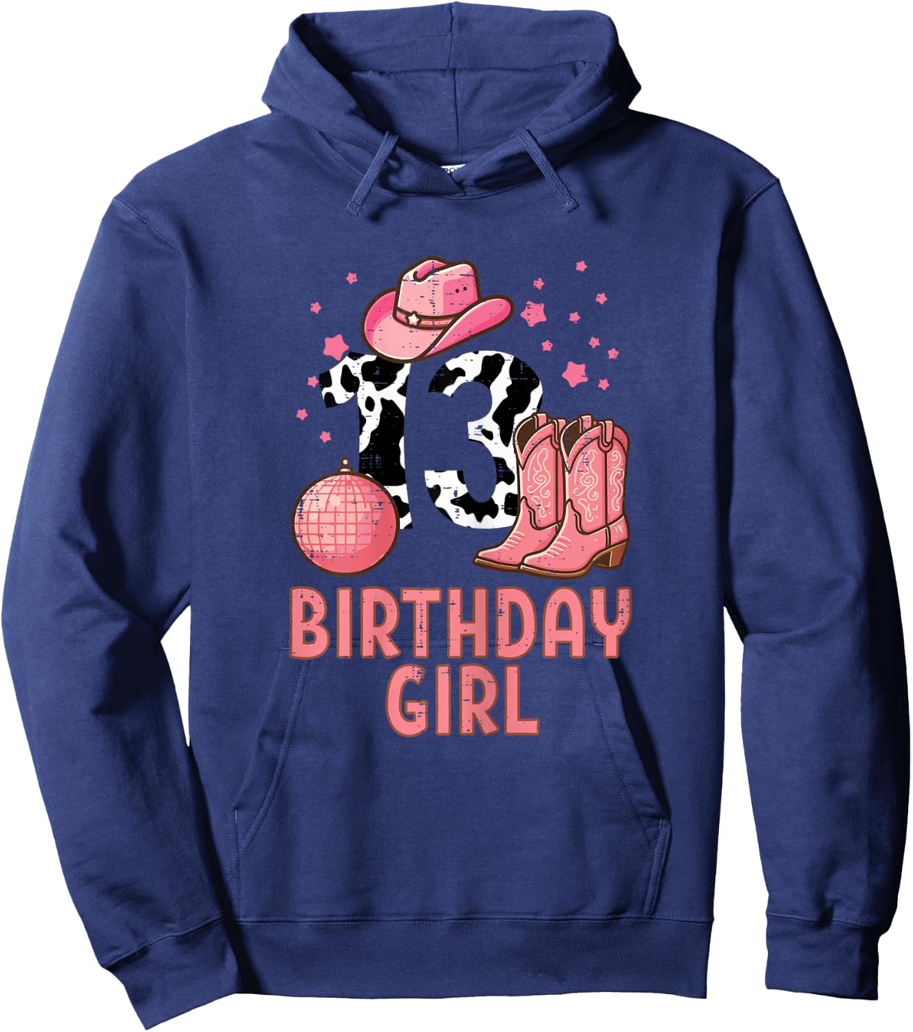 13th Birthday Cow Pattern Cowgirl 13 Year Old Bday Girls Hoodie - Hoodie | Navy