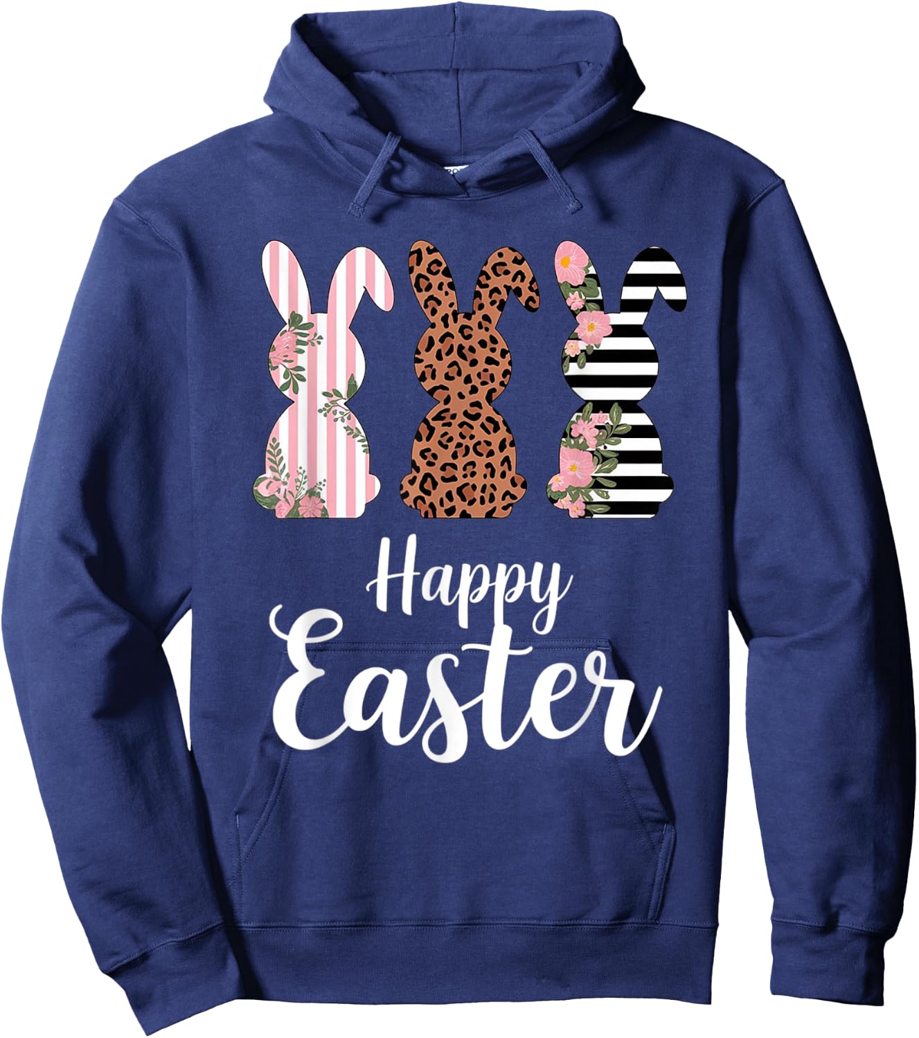 Happy easter Bunny Cute Pink Leopard Plaid Flower Bunny Hoodie - Hoodie | Navy