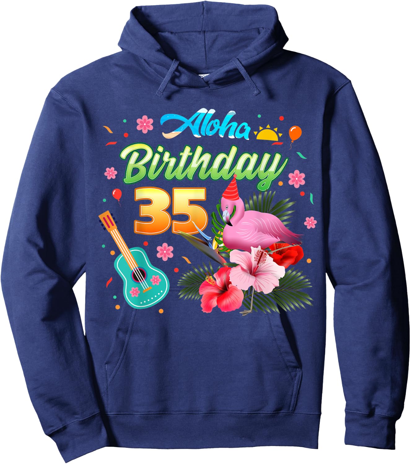 Aloha Hawaii 35 Year Old Birthday Flamingo Hawaiian 35th Hoodie - Hoodie | Navy