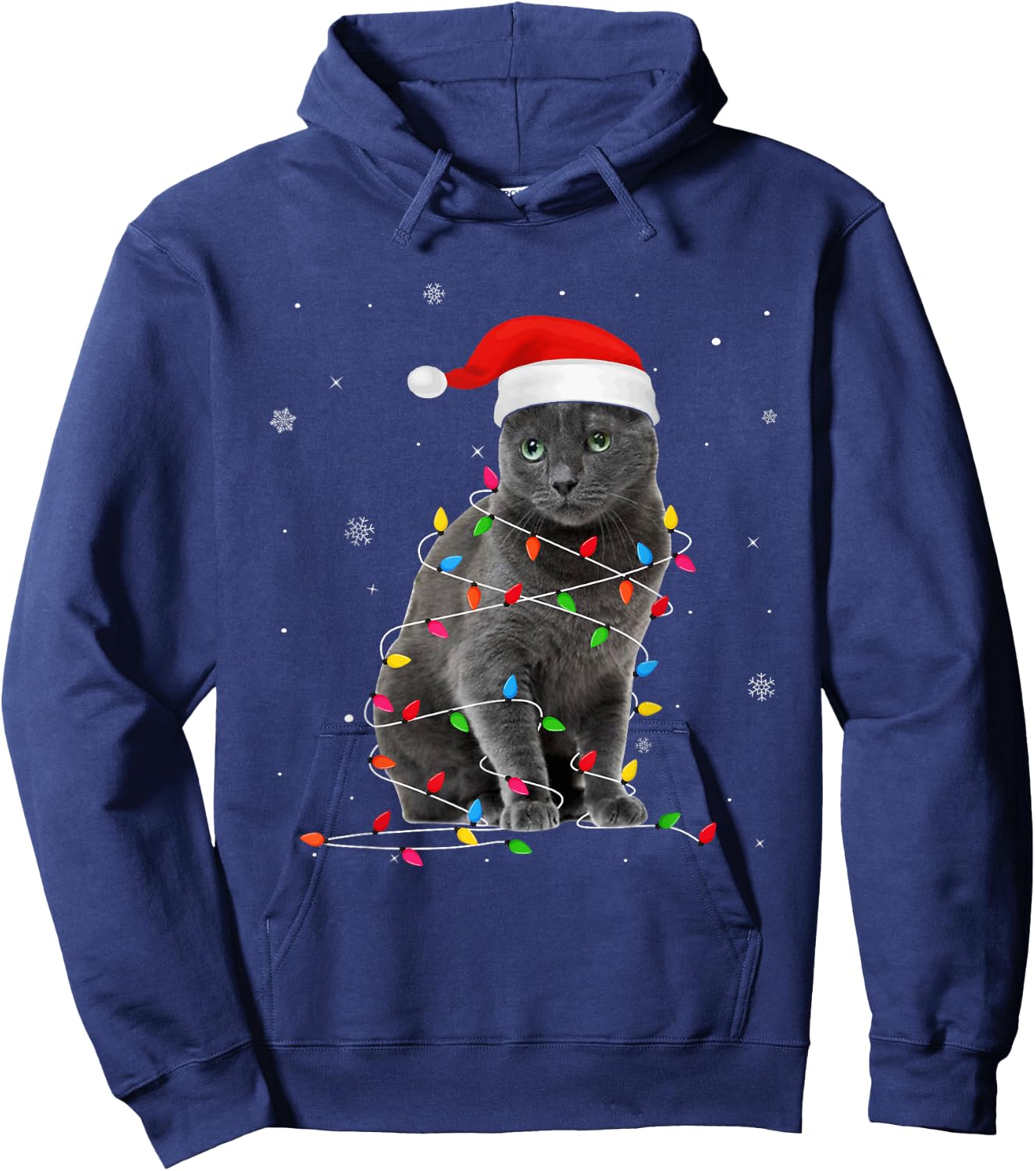 Funny Russian Blue Christmas Light Cat Dad Cat Mom Women Kids Hoodie - Hoodie | Navy