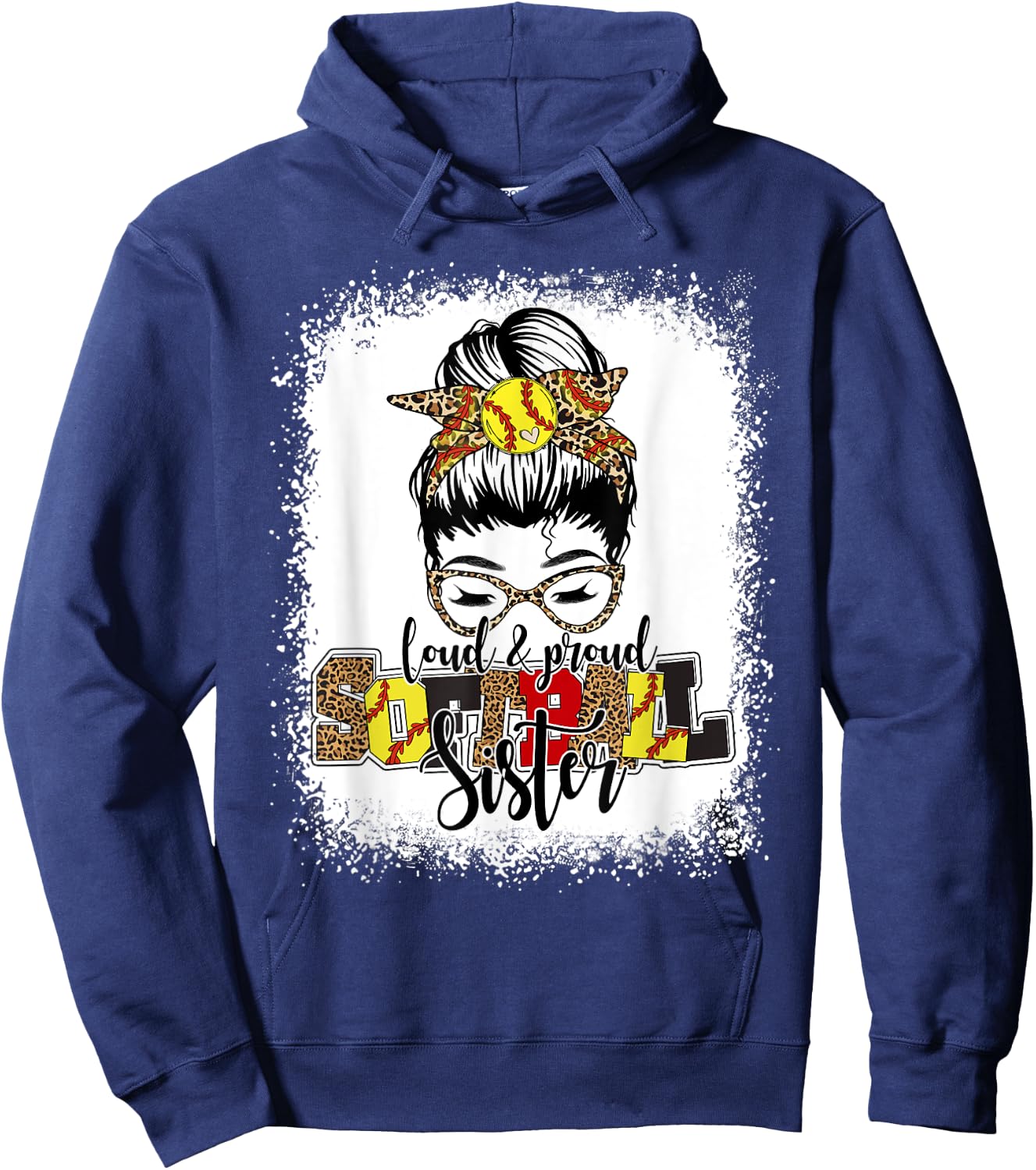 Bleached Softball Sister Leopard Messy Bun Funny Mothers Day Hoodie - Hoodie | Navy