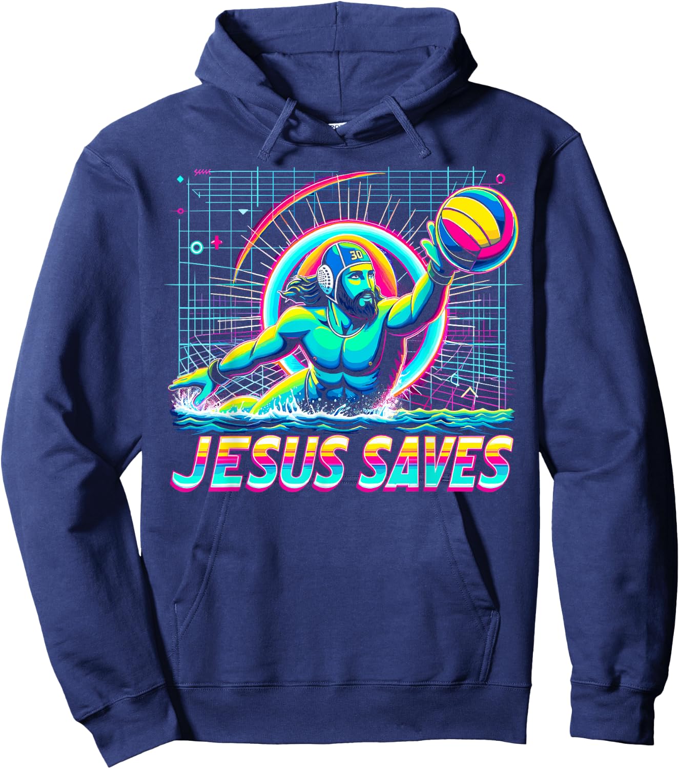 80s Vaporwave Jesus Saves Water Polo Hoodie - Hoodie | Navy