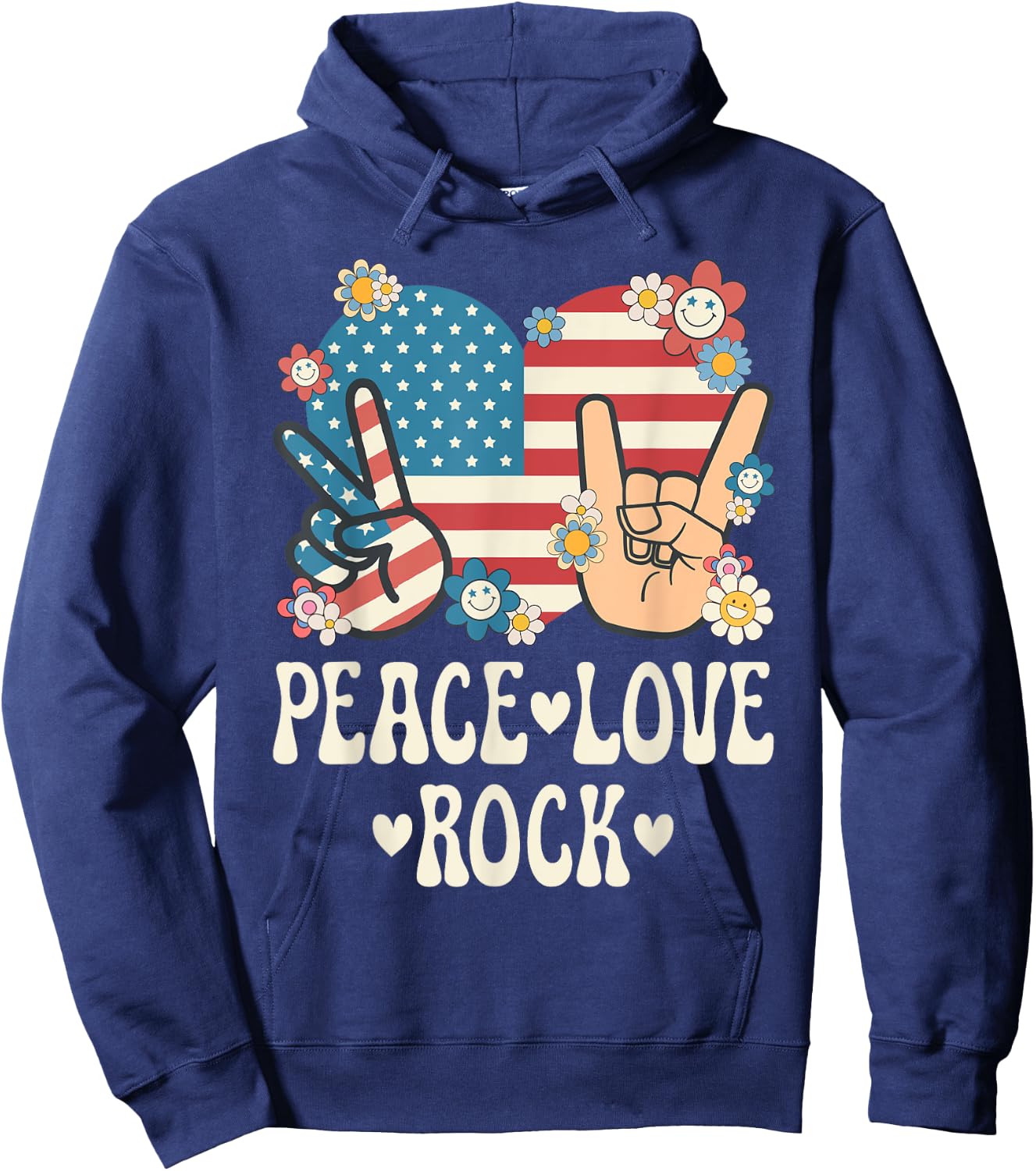 Peace Love Rock And Roll American Flag Patriotic Retro Rock Hoodie - Hoodie | Navy