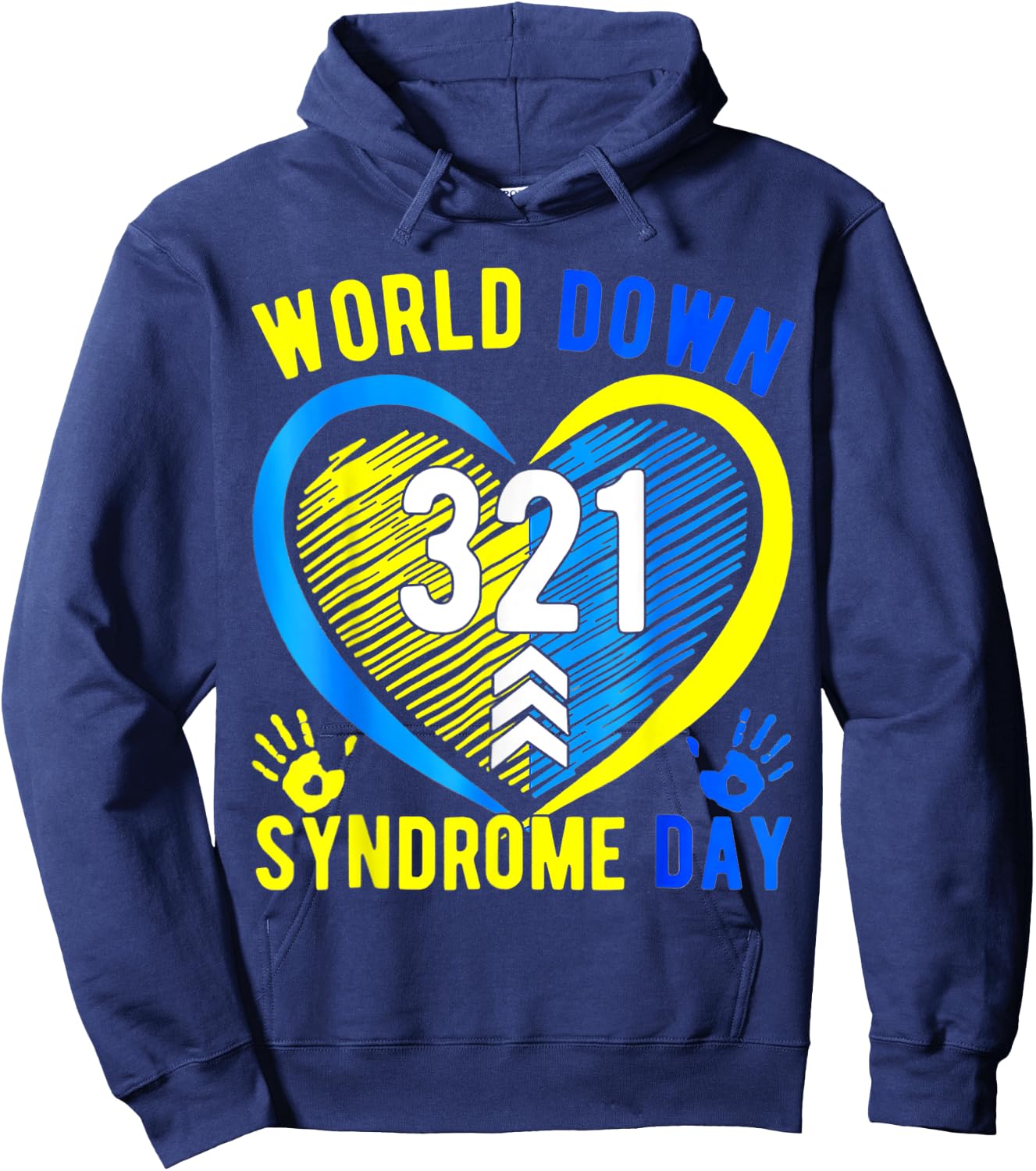 Blue Yellow Heart 21 World Down Syndrome Awareness Day Hoodie - Hoodie | Navy