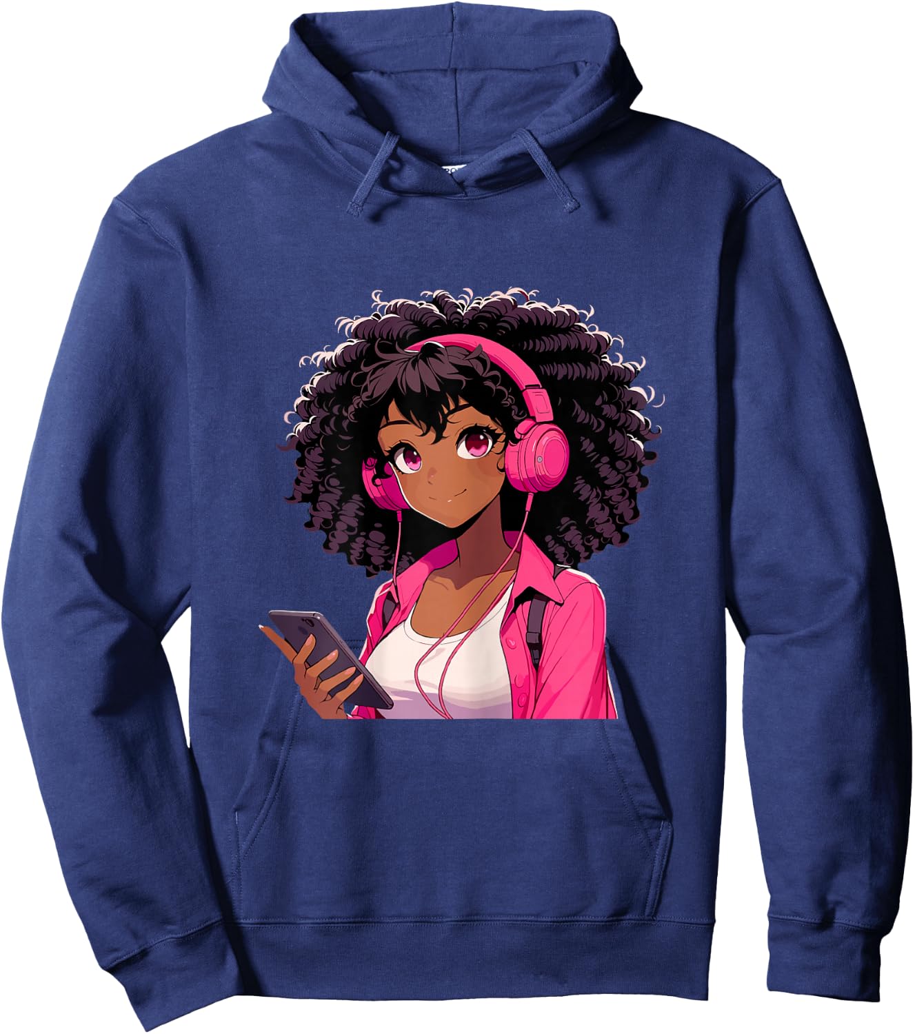 Black Girl Anime Music Headphones Hoodie - Hoodie | Navy