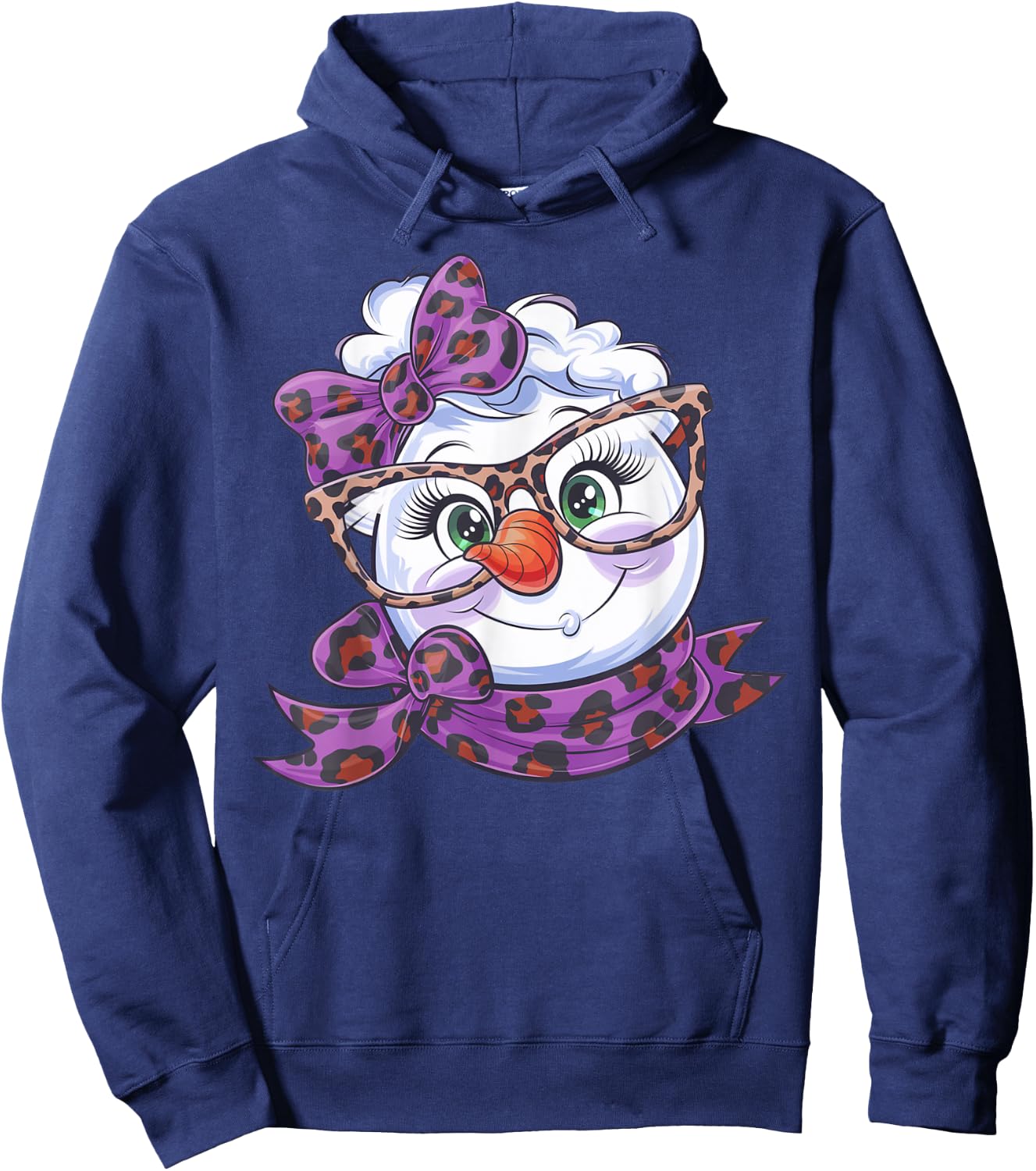 Winter Snowman Face Leopard Bow Eyelashes Black Classic Fit Short Sleeve XS Hoodie - Hoodie | Navy
