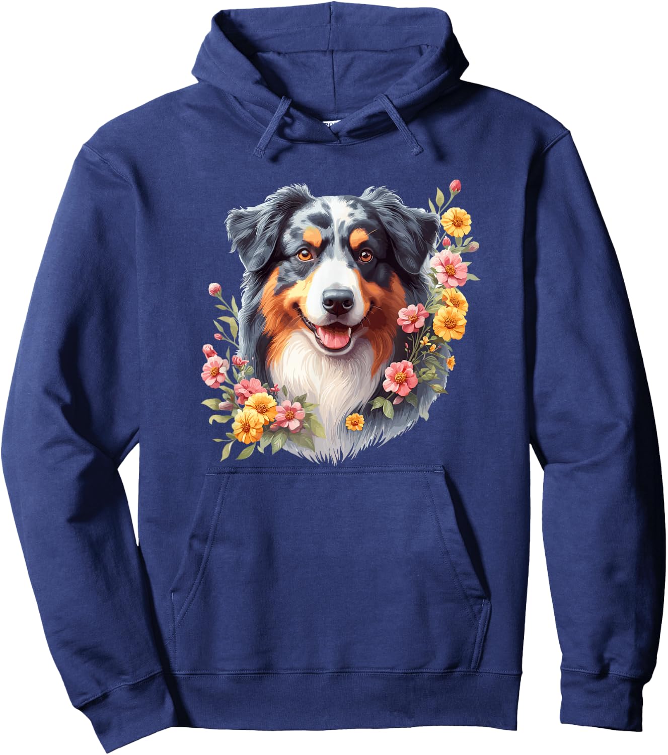 Cute Flowers Funny Floral Watercolor Blue Merle Aussie Lover Hoodie - Hoodie | Navy