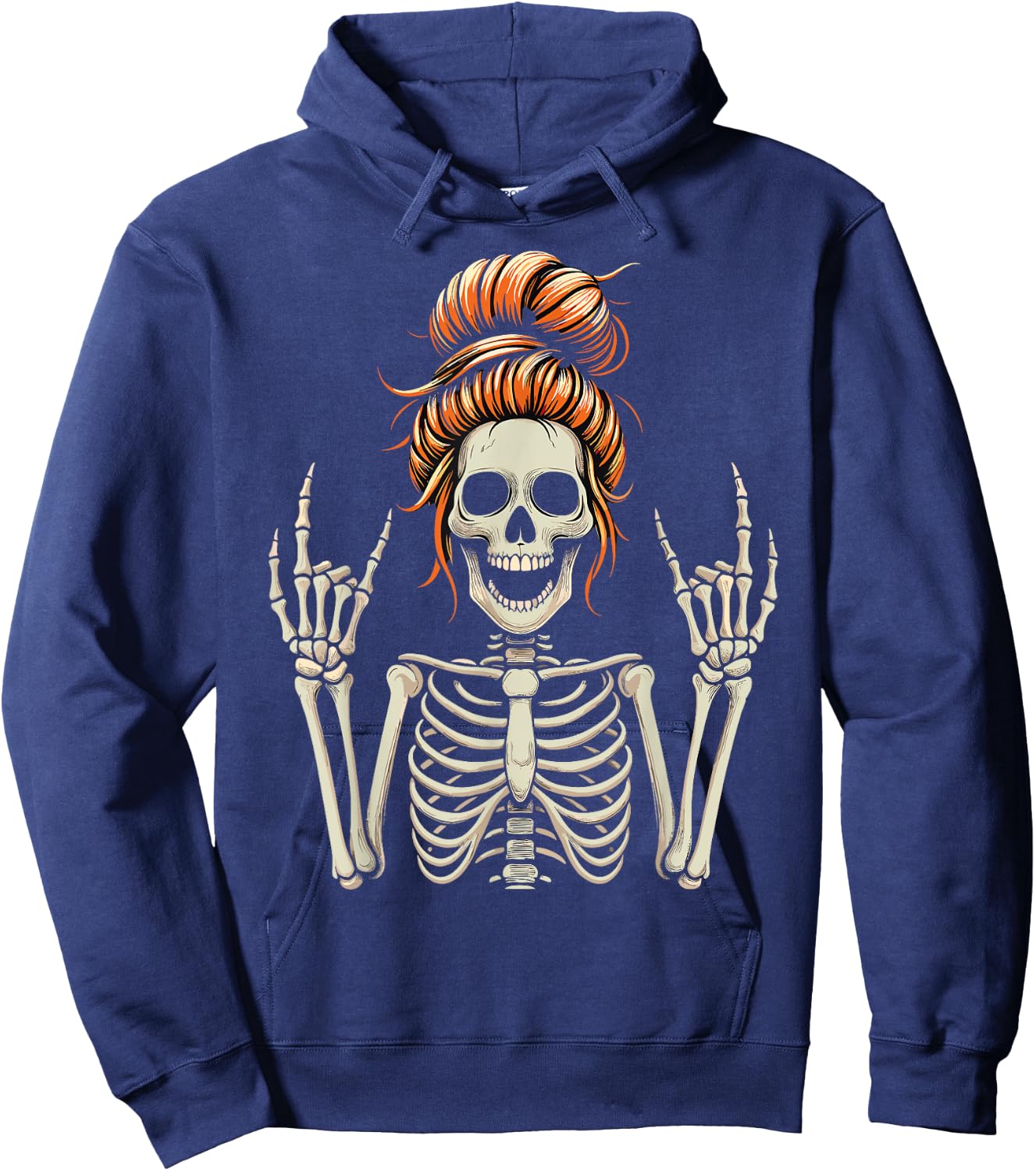 Rocker Messy Bun Skeleton Cool Halloween Punk Rock Hoodie - Hoodie | Navy