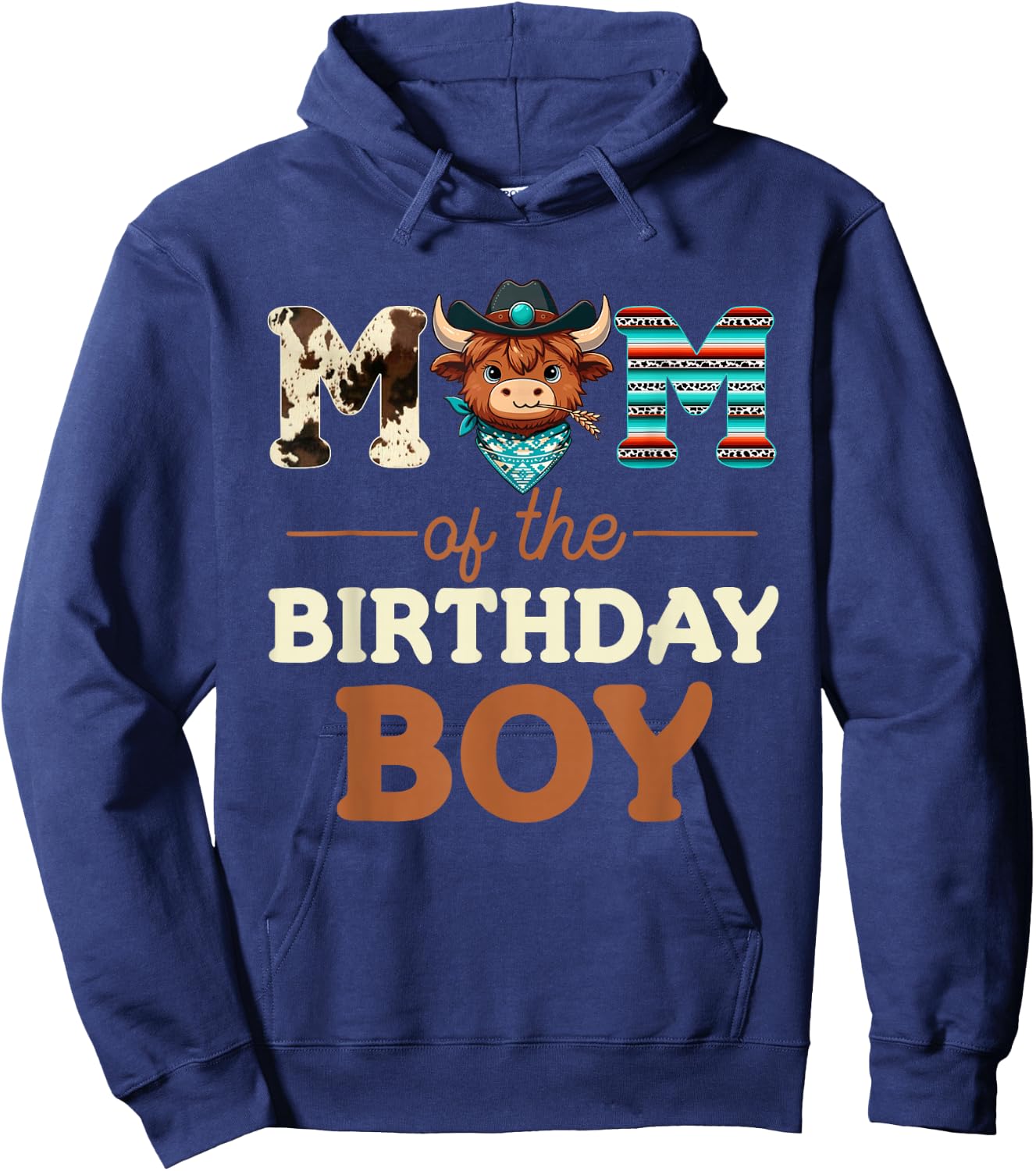 Mom of The Birthday Boy Highland Cow Print First Bday Hoodie - Hoodie | Navy