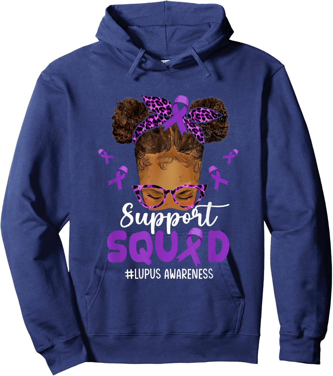 Support-Squad Afro Messy Bun Leopard Lupus Awareness Hoodie - Hoodie | Navy