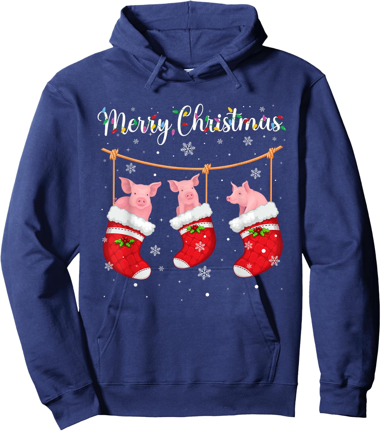 Pig in Xmas Socks Funny Holiday Ugly Sweater Christmas Hoodie - Hoodie | Navy