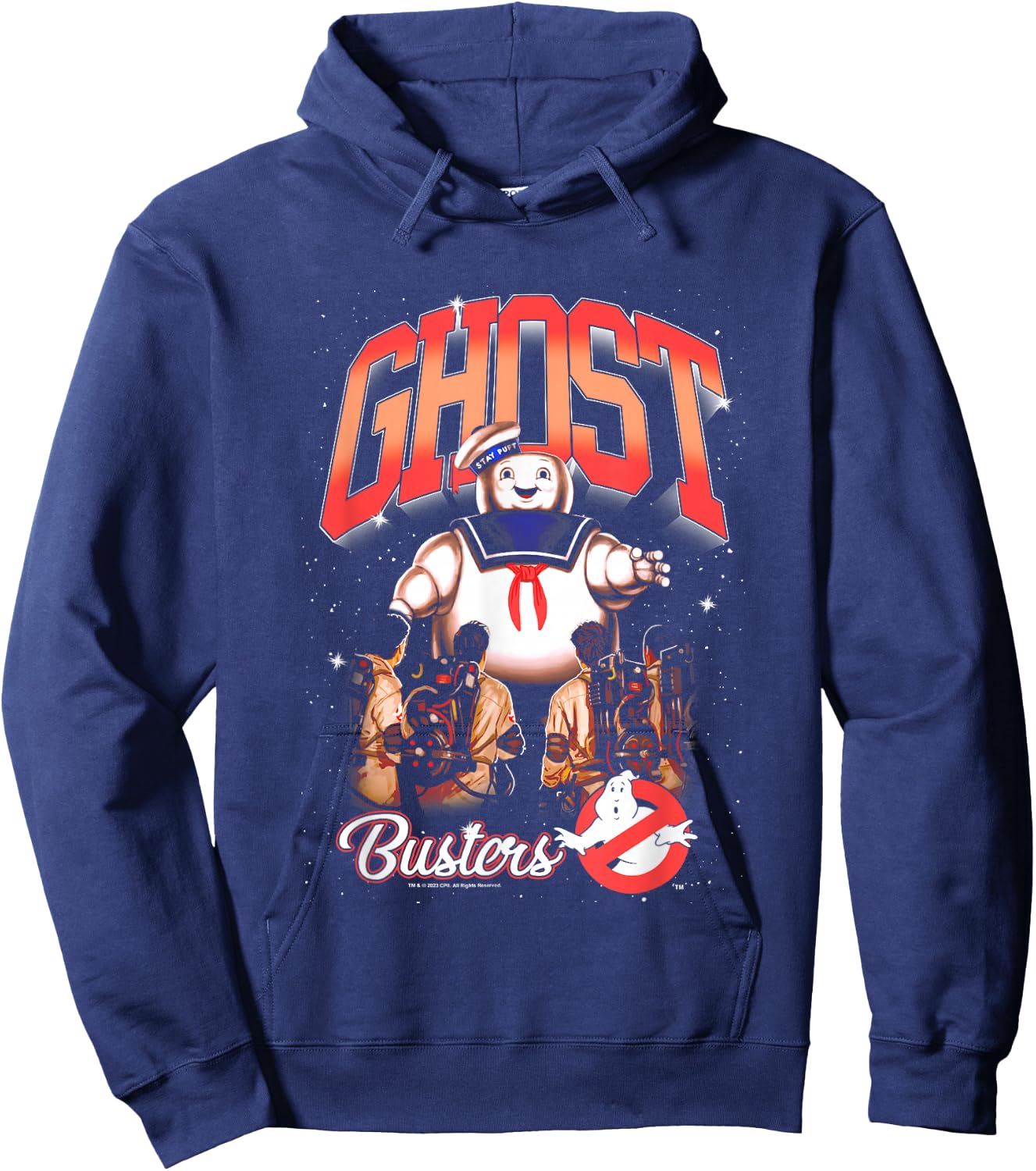 Ghostbusters Cute Stay Puft Loom Group Shot Retro Big Logo Hoodie - Hoodie | Navy