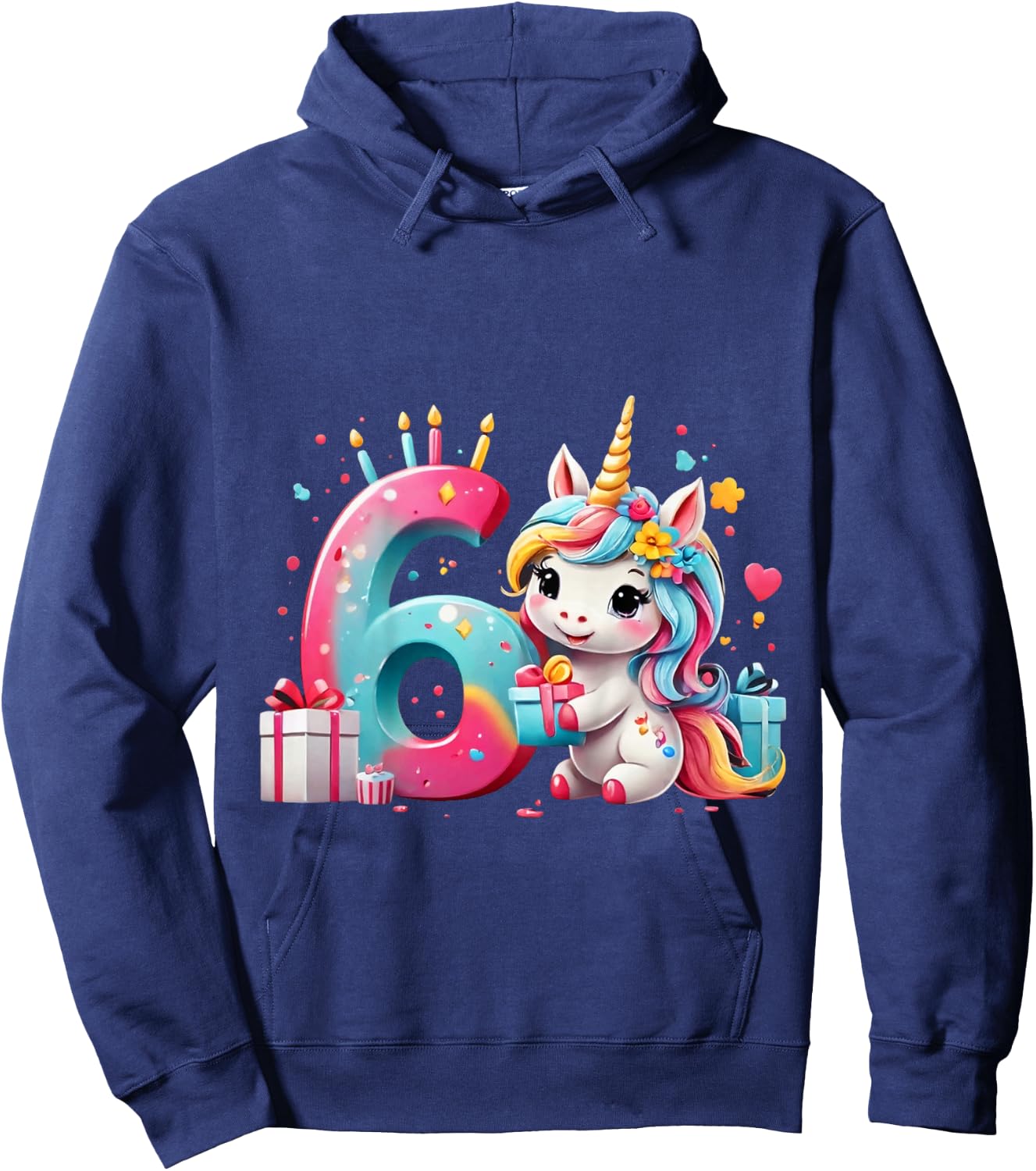 Children's Number 6 Years Girls Unicorn 6th Birthday , black Hoodie - Hoodie | Navy
