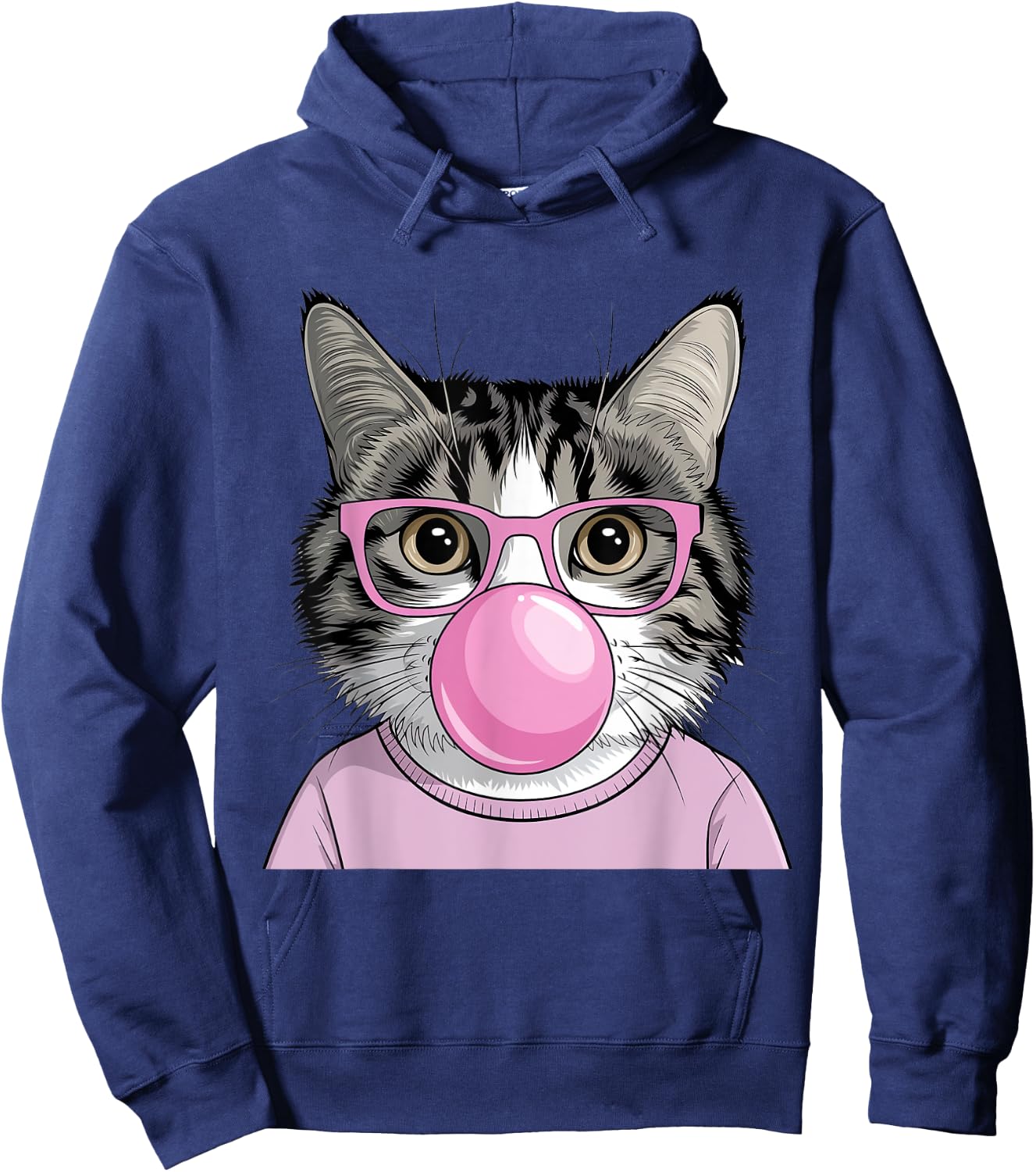Funny Cat with Glasses Blowing Bubble Gum Cute Cat Women Girls Kids Hoodie - Hoodie | Navy