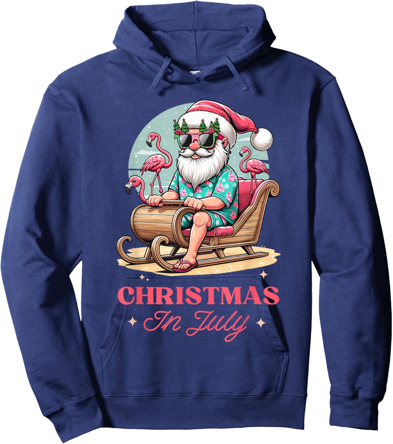 Fun Christmas in July Summer Santa Flamingo Sleigh Christmas , Black, S Hoodie - Hoodie | Navy