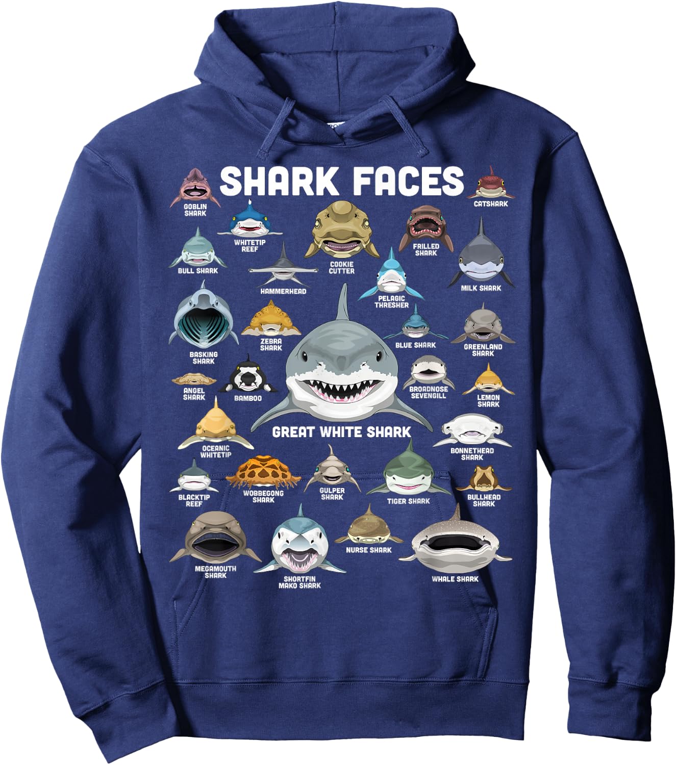 Shark Faces Shirt Shark Types Funny Biology Navy Shark , Black, S Hoodie - Hoodie | Navy