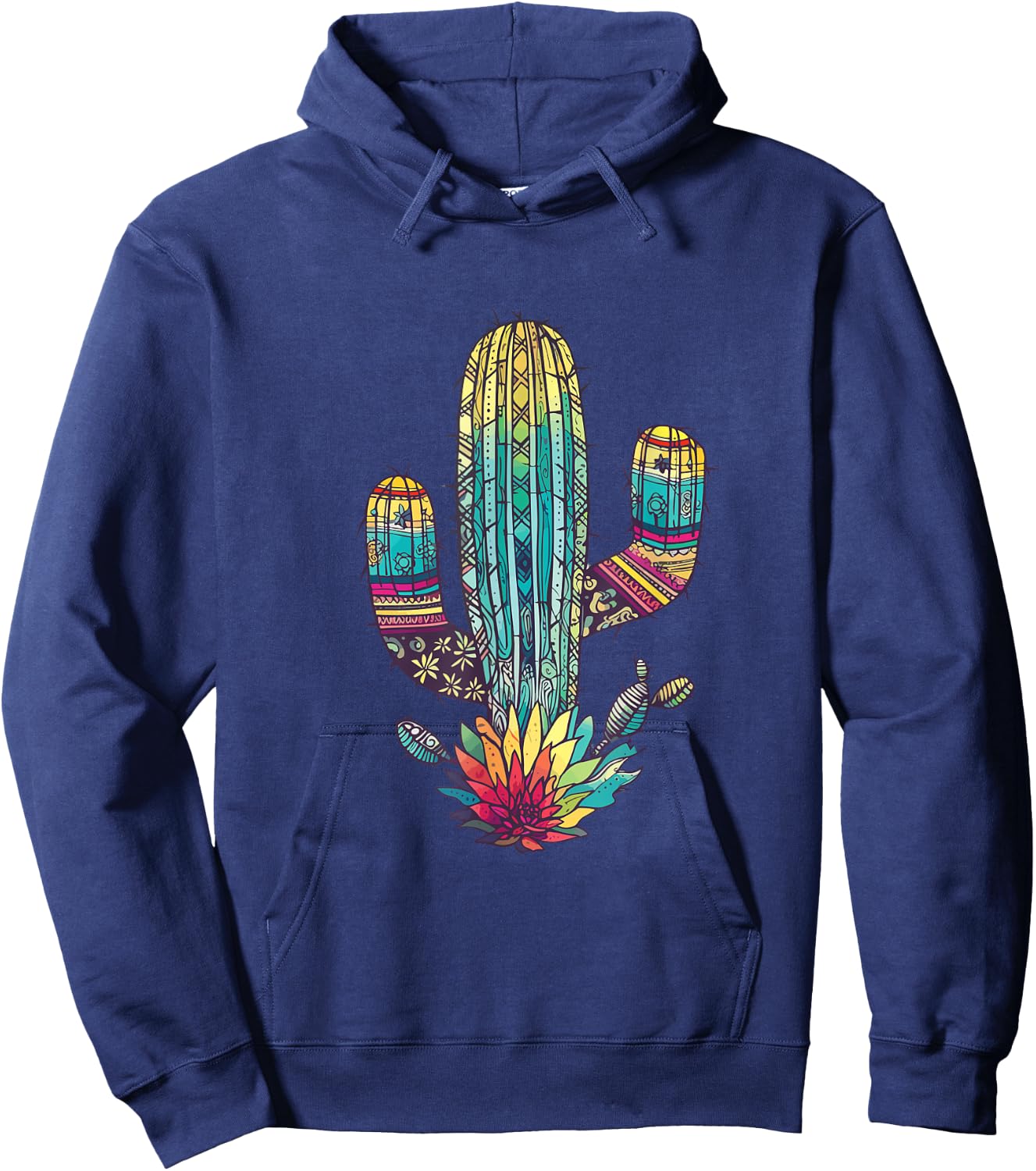 Serape Cactus Print Turquoise Western Saguaro Cactus Hoodie - Hoodie | Navy