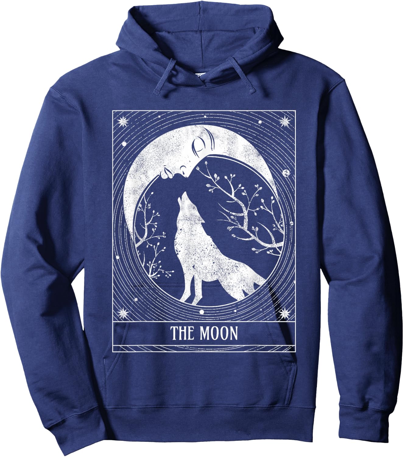 Distressed Crescent Moon and Wolf Tarot Card Hoodie - Hoodie | Navy
