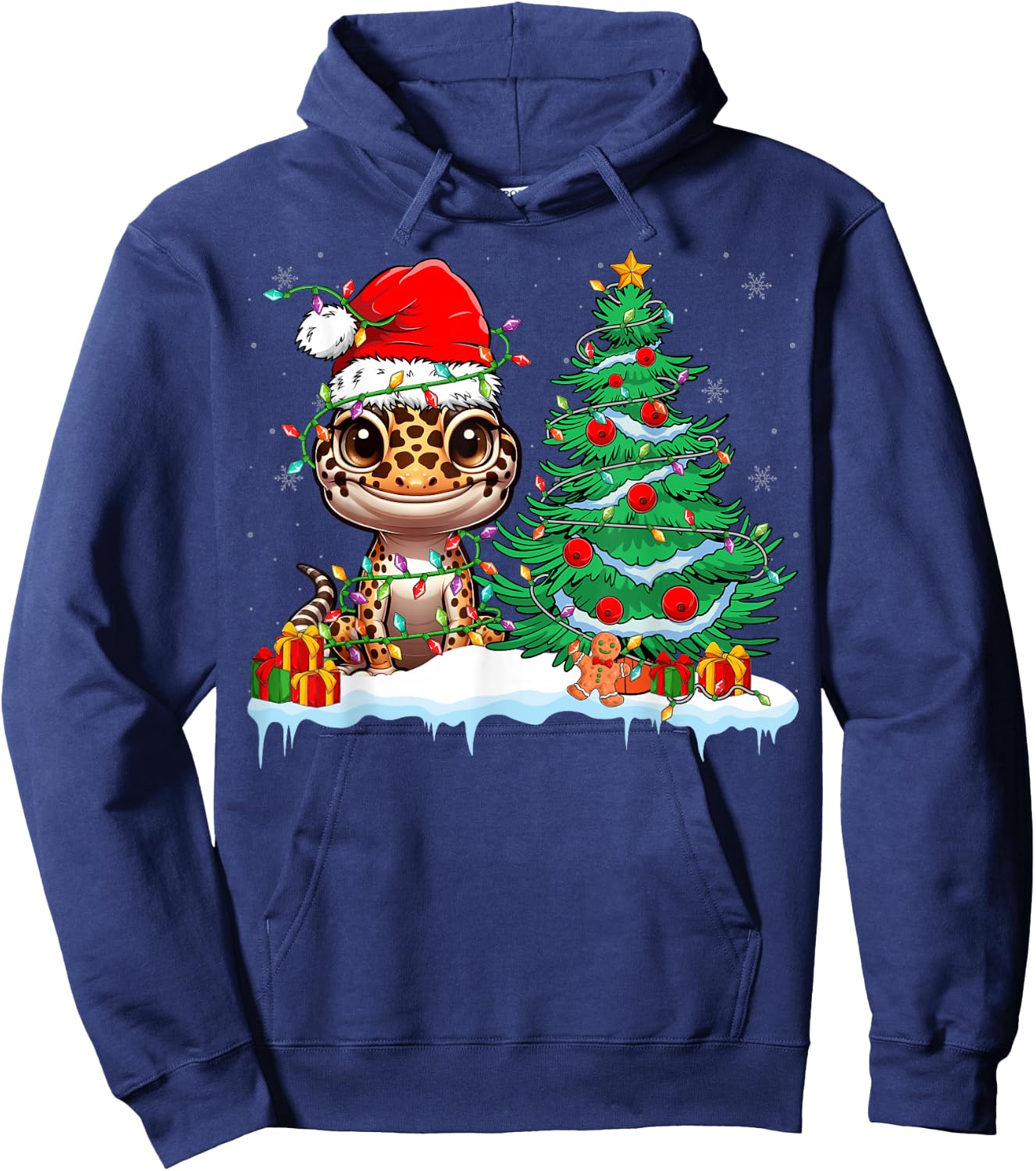 Leopard Gecko Santa Hat Xmas Lights Gecko Lover Christmas Hoodie - Hoodie | Navy