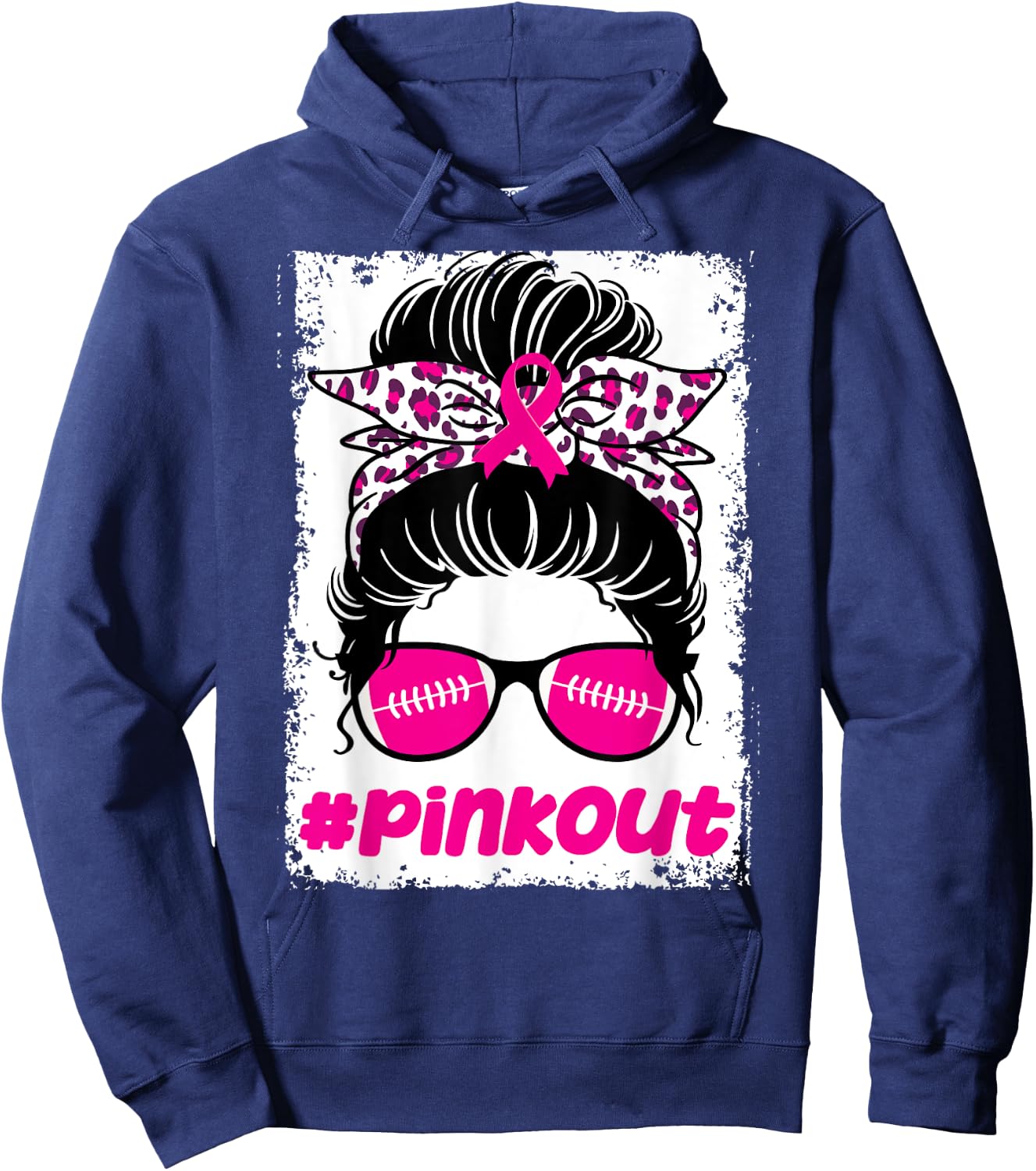 Pink Out Ou Breast Cancer Football Messy Bun Cheer Bleached Hoodie - Hoodie | Navy