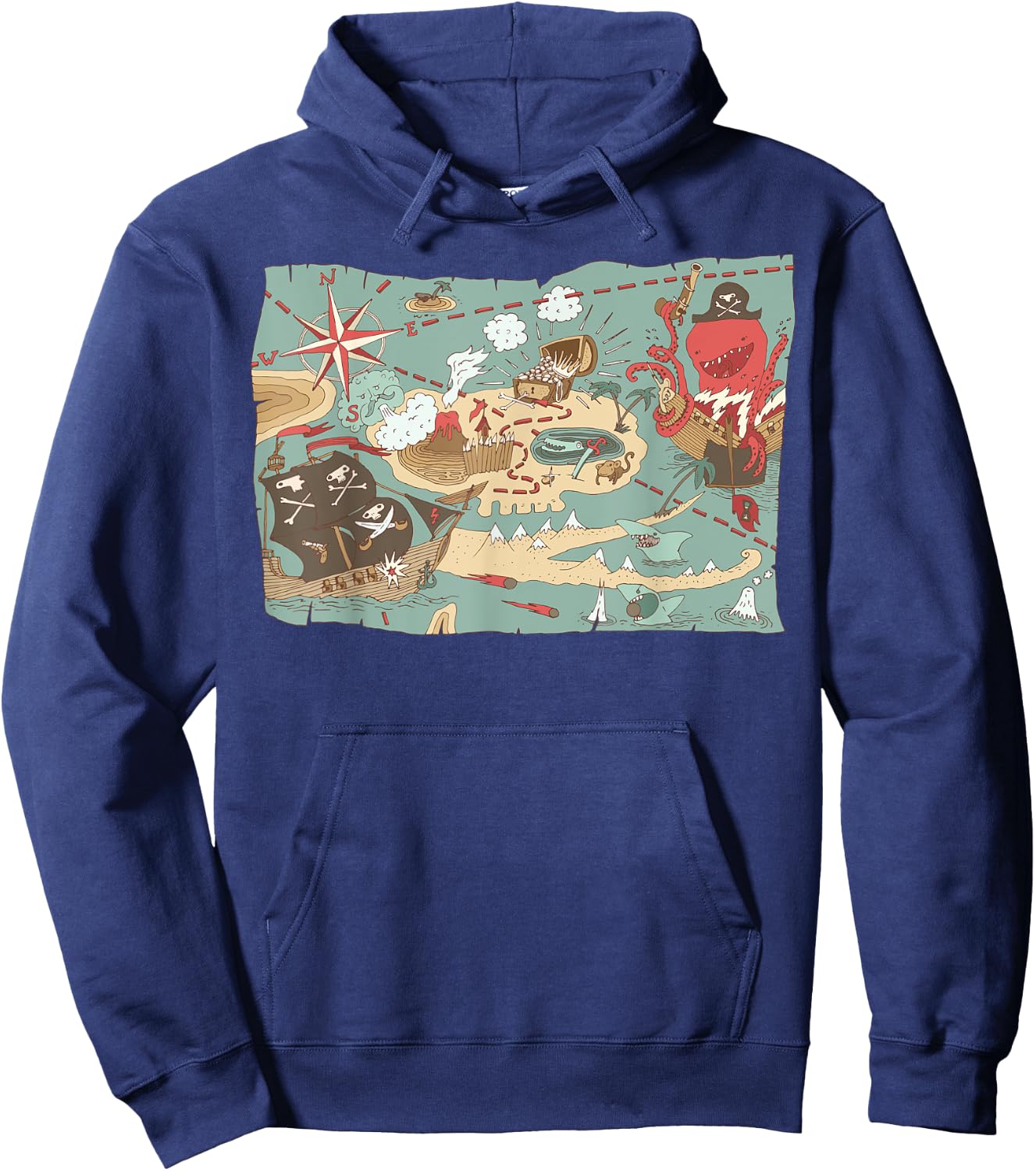 Treasure Map Ship Sharks Pirates & Skulls Shirt Boys Kids Hoodie - Hoodie | Navy
