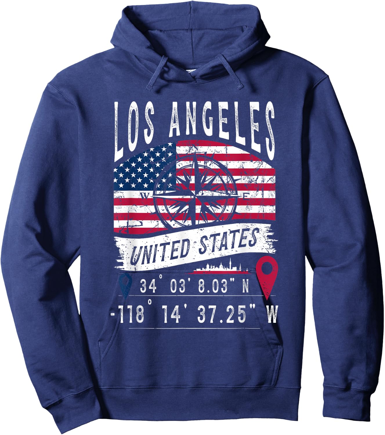Los Angeles USA Flag GPS Coordinates Los Angeles , Black, S Hoodie - Hoodie | Navy
