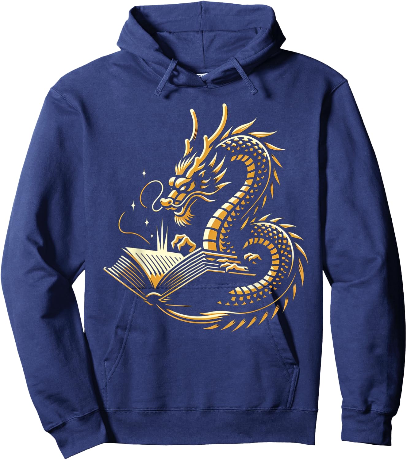 Book Lovers Dragon Fantasy Art Mythical Creatures Yellow Bookworm Chinese Dragon Hoodie - Hoodie | Navy