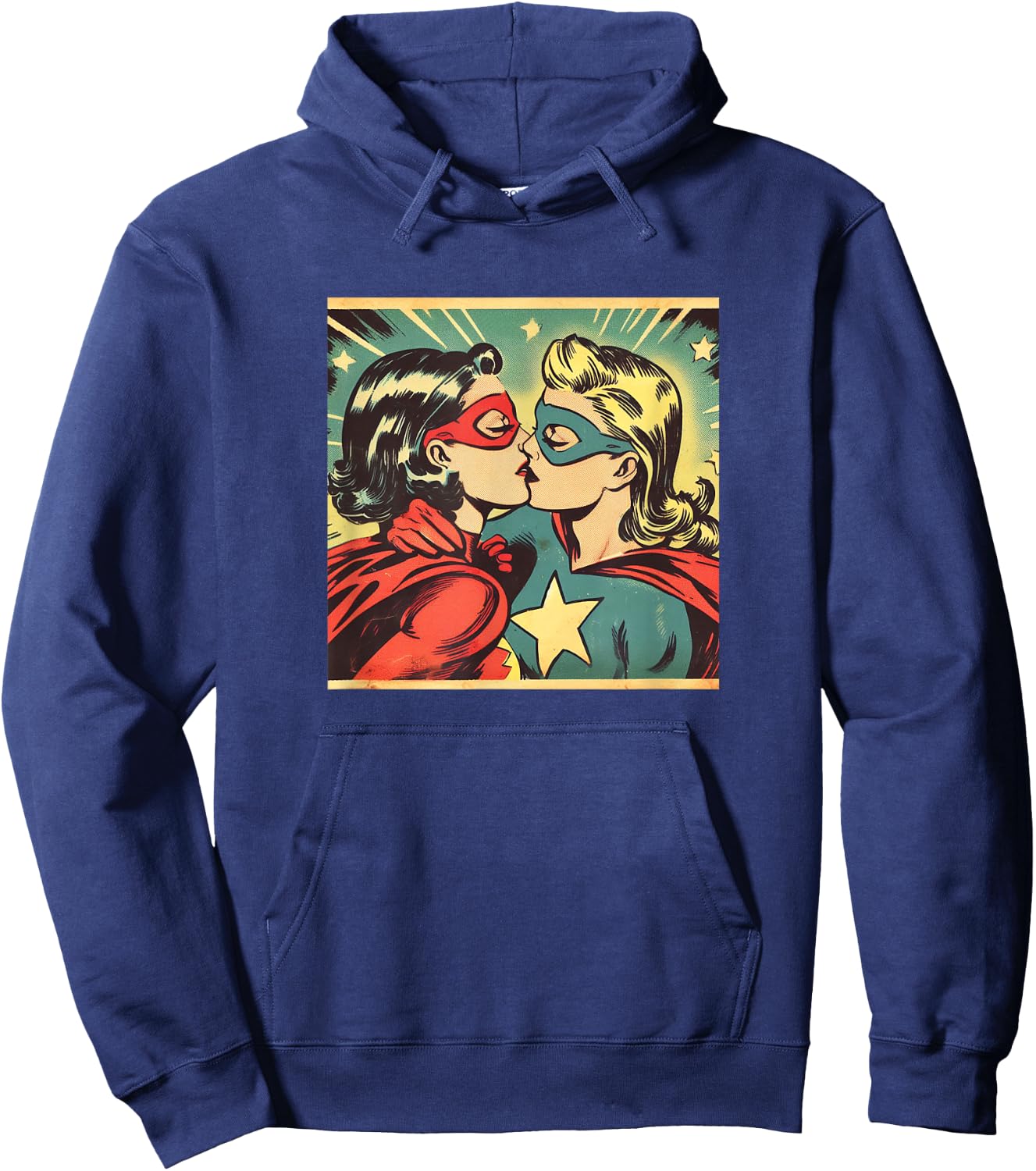 Vintage Superheroes Kissing Lesbian LGBT Queer Love Meme , black Hoodie - Hoodie | Navy