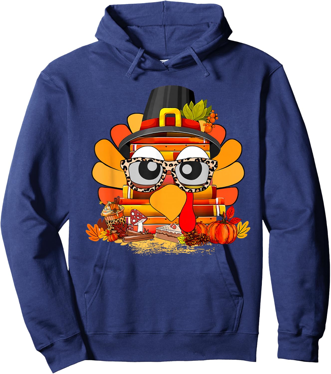 Books Turkey Face Teacher Read Fall Thanksgiving Men Women Hoodie - Hoodie | Navy