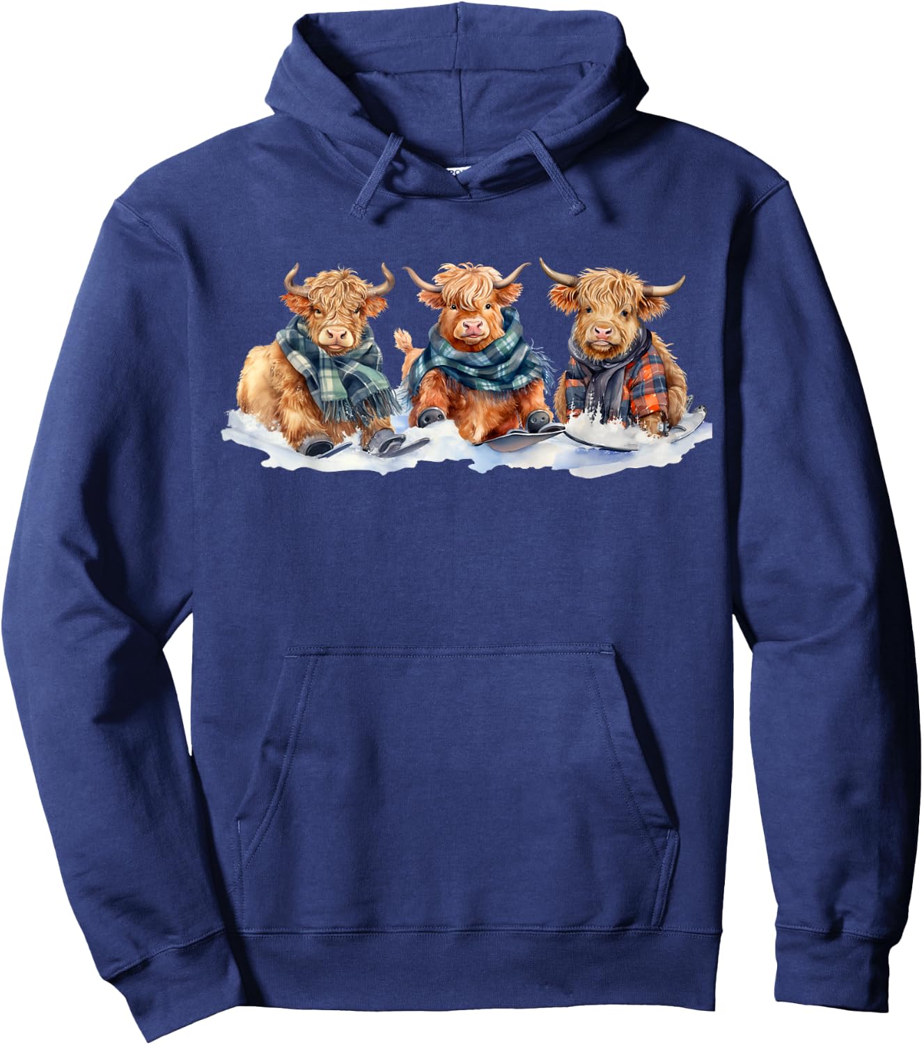 Cute Winter Highland Cows Plaid Scarf Skiing Snowshoe Snow Hoodie - Hoodie | Navy