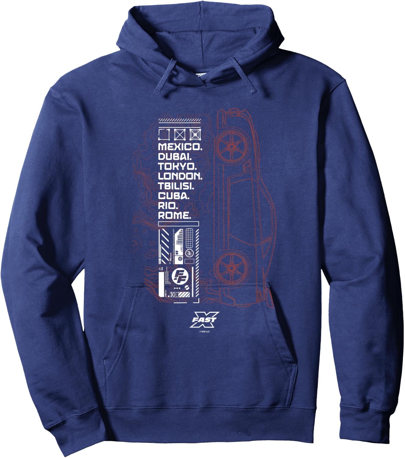 Fast X Worldwide Cities Fast & Furious Red Car Tactical Map , black Hoodie - Hoodie | Navy