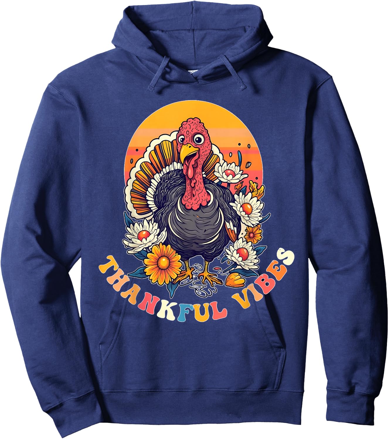 Thankful Vibes Turkey Funny Groovy Thanksgiving Women Girl Hoodie - Hoodie | Navy