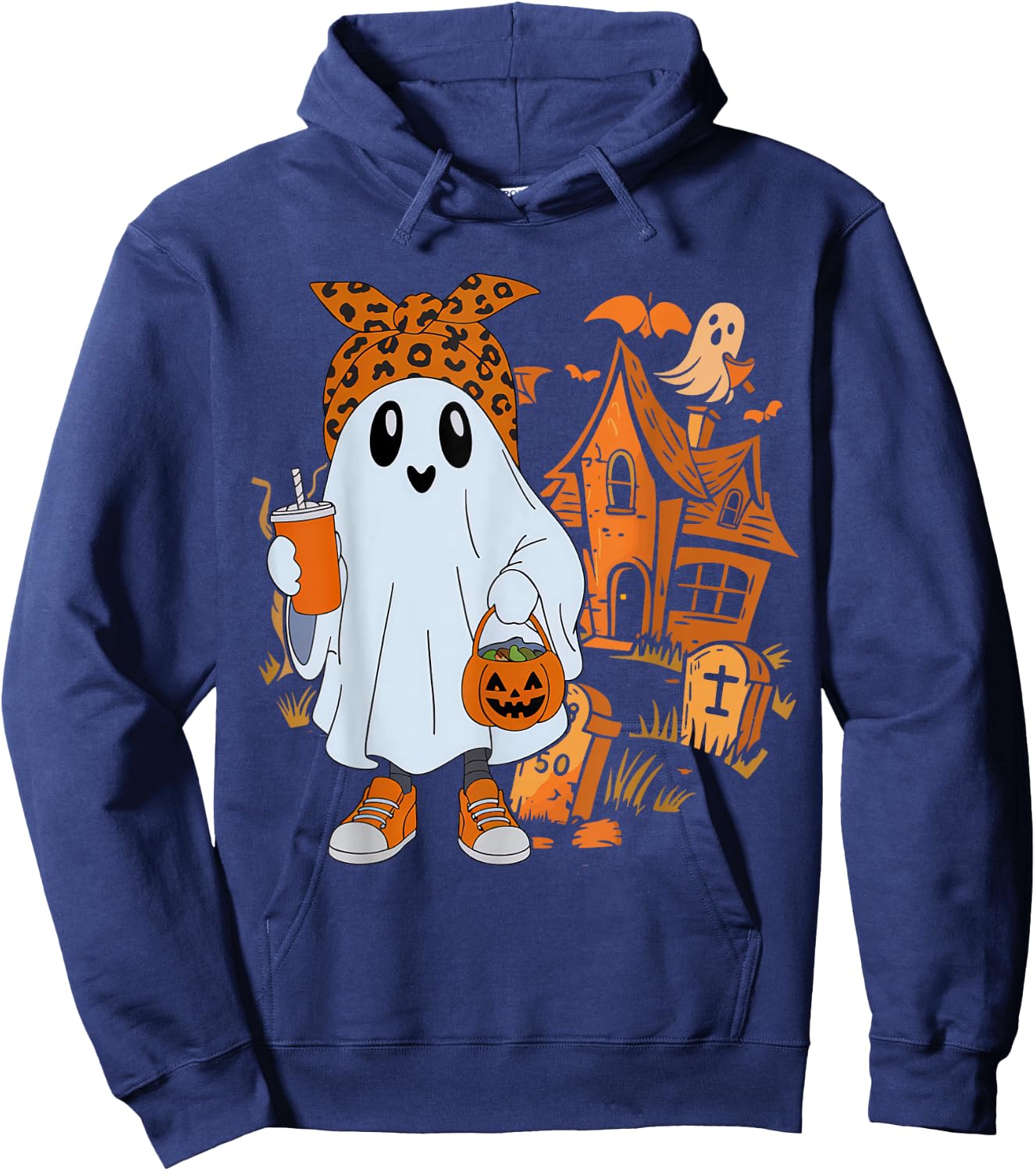 Cute Ghost Drinking Coffee Halloween Ghost Leopard Ice Coffe Hoodie - Hoodie | Navy