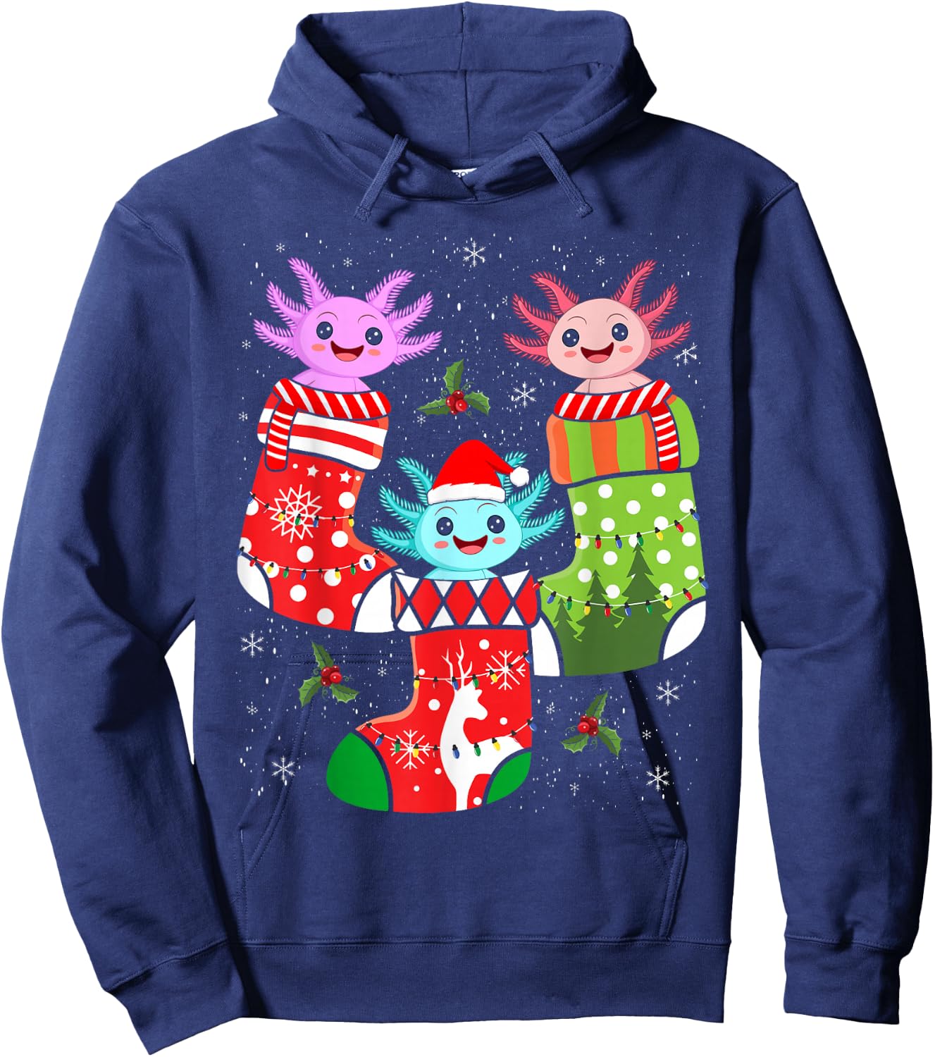 Kawaii Axolotl Christmas Stocking Kid Youth Teen Pajamas Pjs Hoodie - Hoodie | Navy