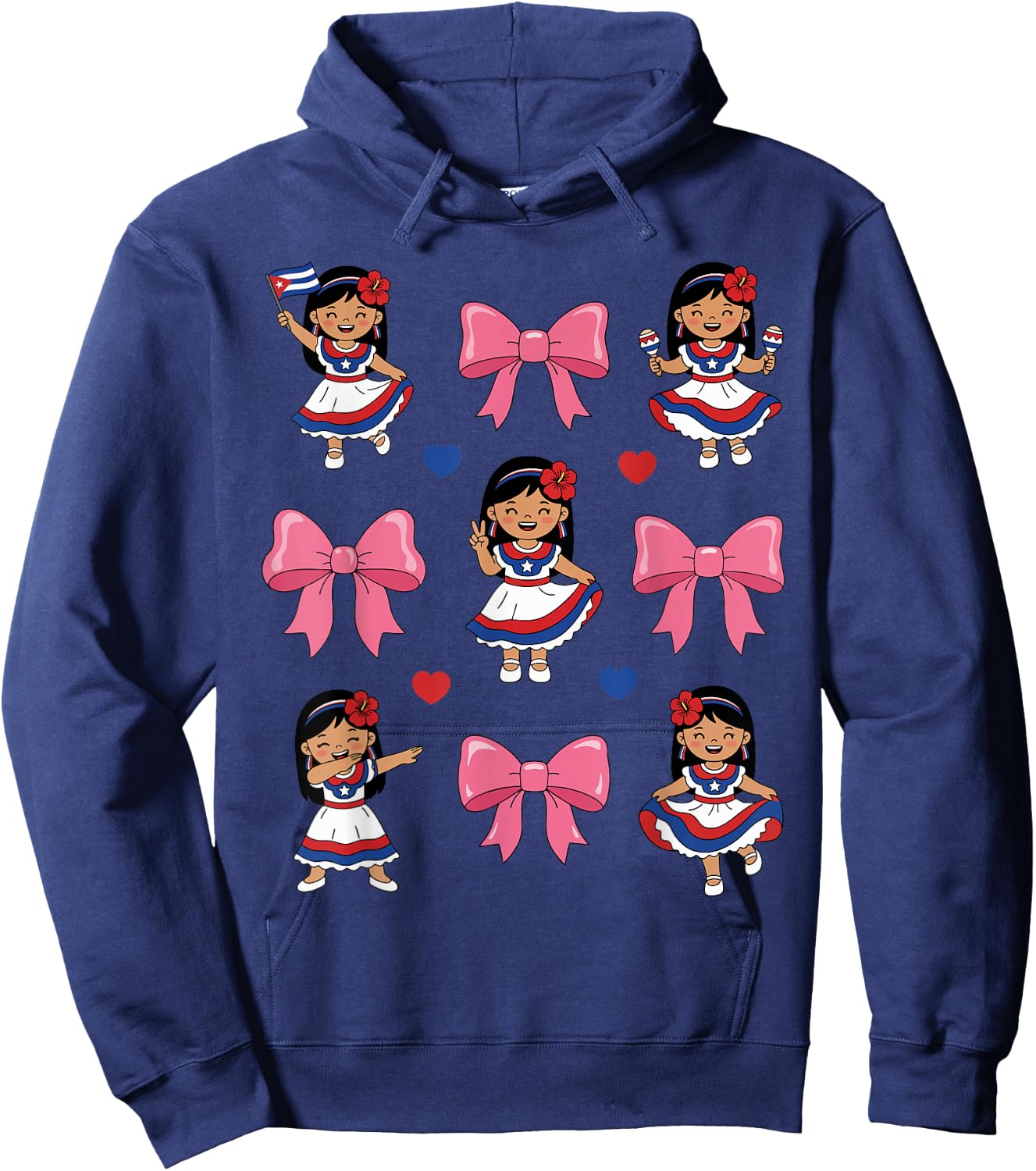 Cute Cuban Girl Traditional Dress Bow Cuba Heritage Flag Hoodie - Hoodie | Navy