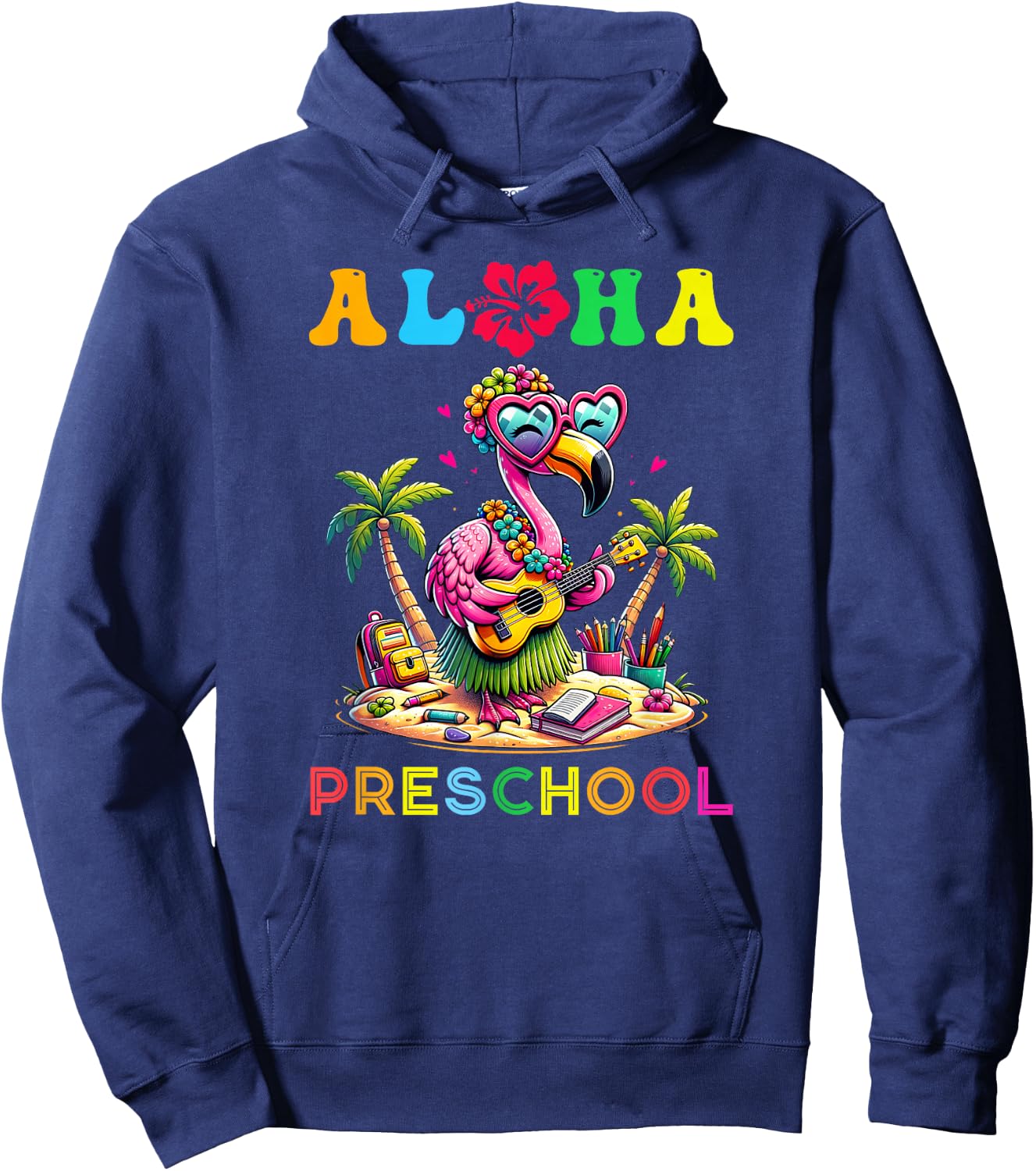 Aloha Preschool Flamingo Hawaii Back to School Kids Girl Hoodie - Hoodie | Navy