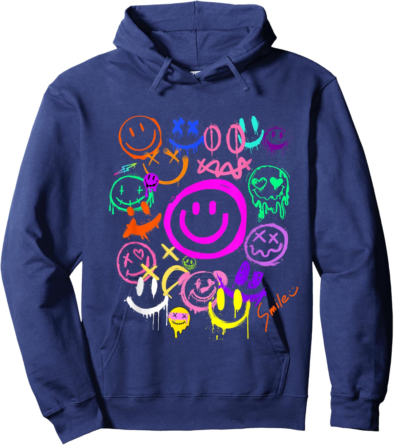 Smile Face Emoticons Fun Vivid Graffiti Smiley Face Graphic , black, S Hoodie - Hoodie | Navy