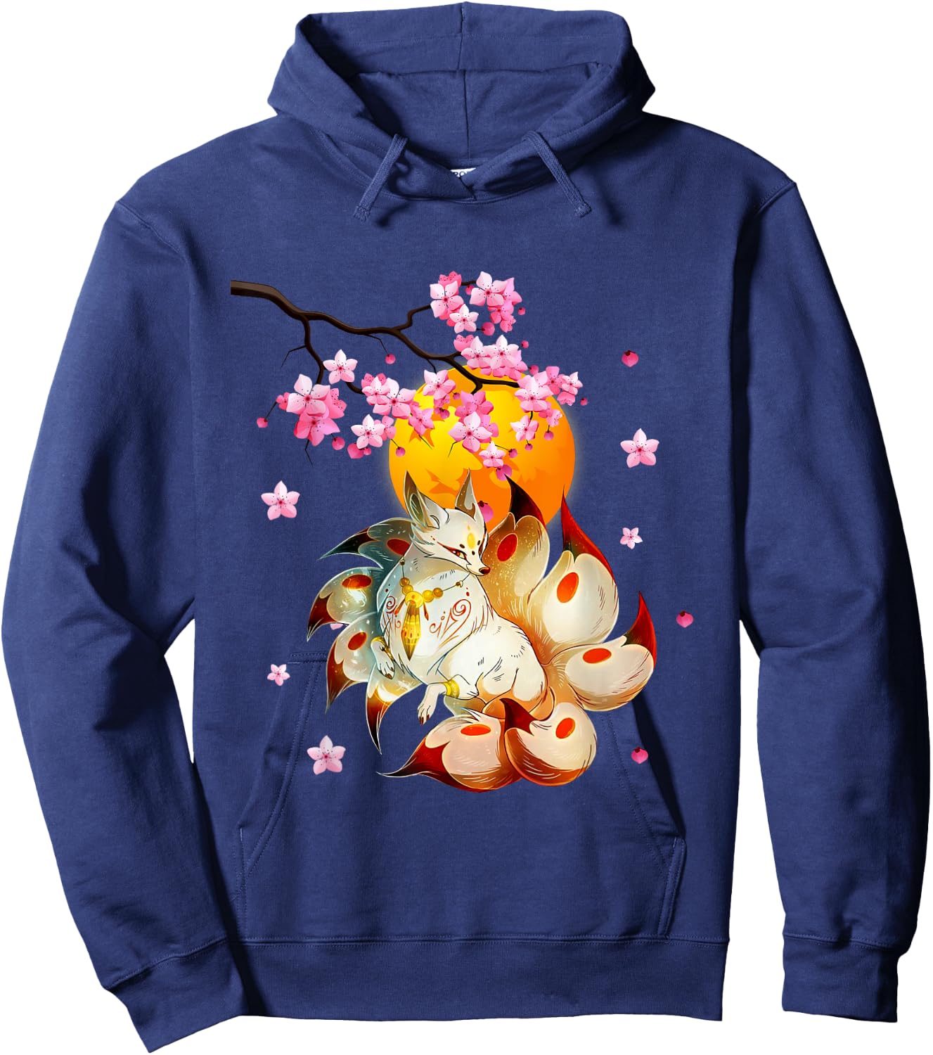 Kitsune-Fox Japanese Nine Tailed Fox-Cherry Blossom Flowers Hoodie - Hoodie | Navy