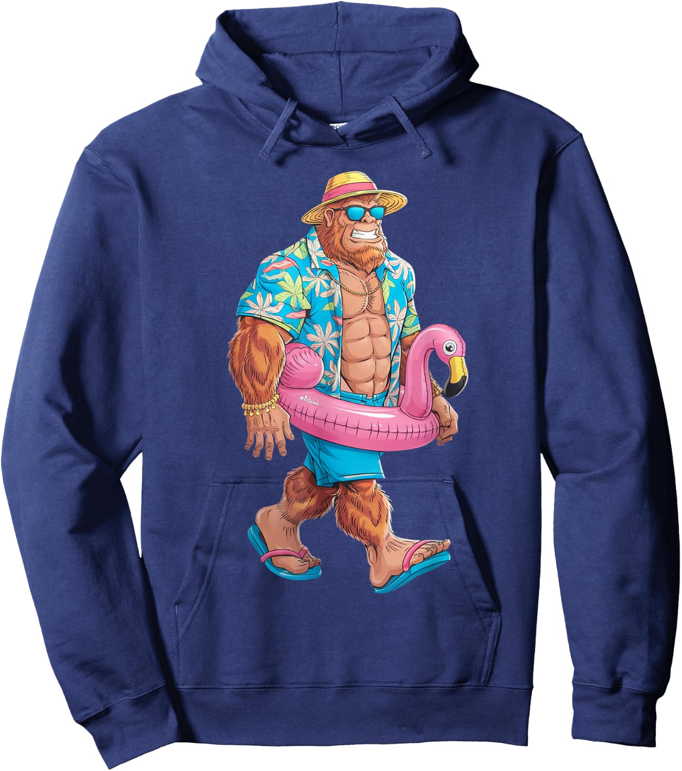 Hawaiian Bigfoot Sasquatch Pink Flamingo Pool Party Summer Hoodie - Hoodie | Navy