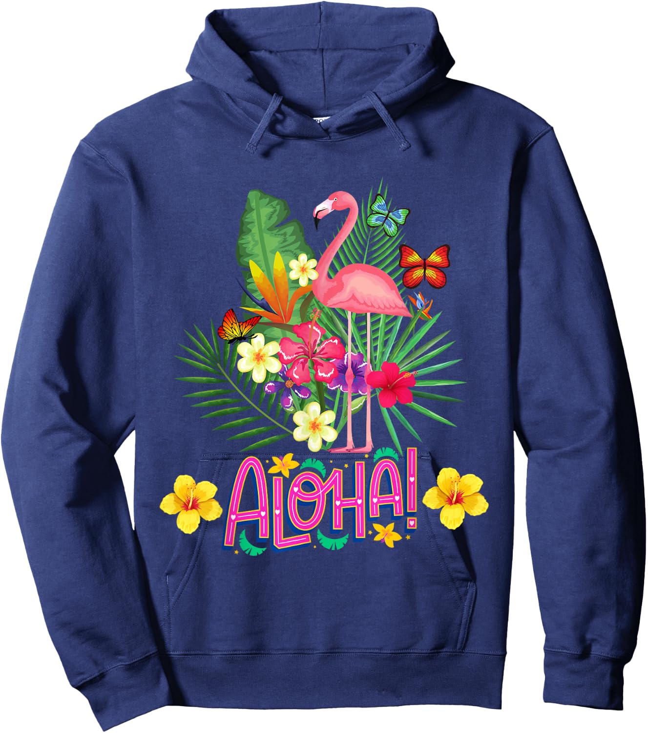 Aloha Flamingo Tropical Flowers and Butterflies , Black, S Hoodie - Hoodie | Navy
