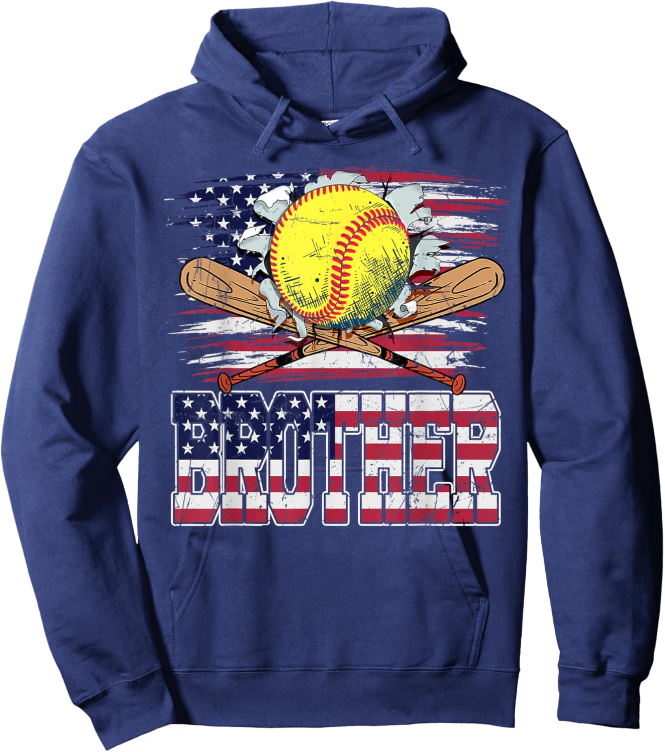 Softball Brother Vintage USA American Flag 4th Of July Women Kids Men Hoodie - Hoodie | Navy
