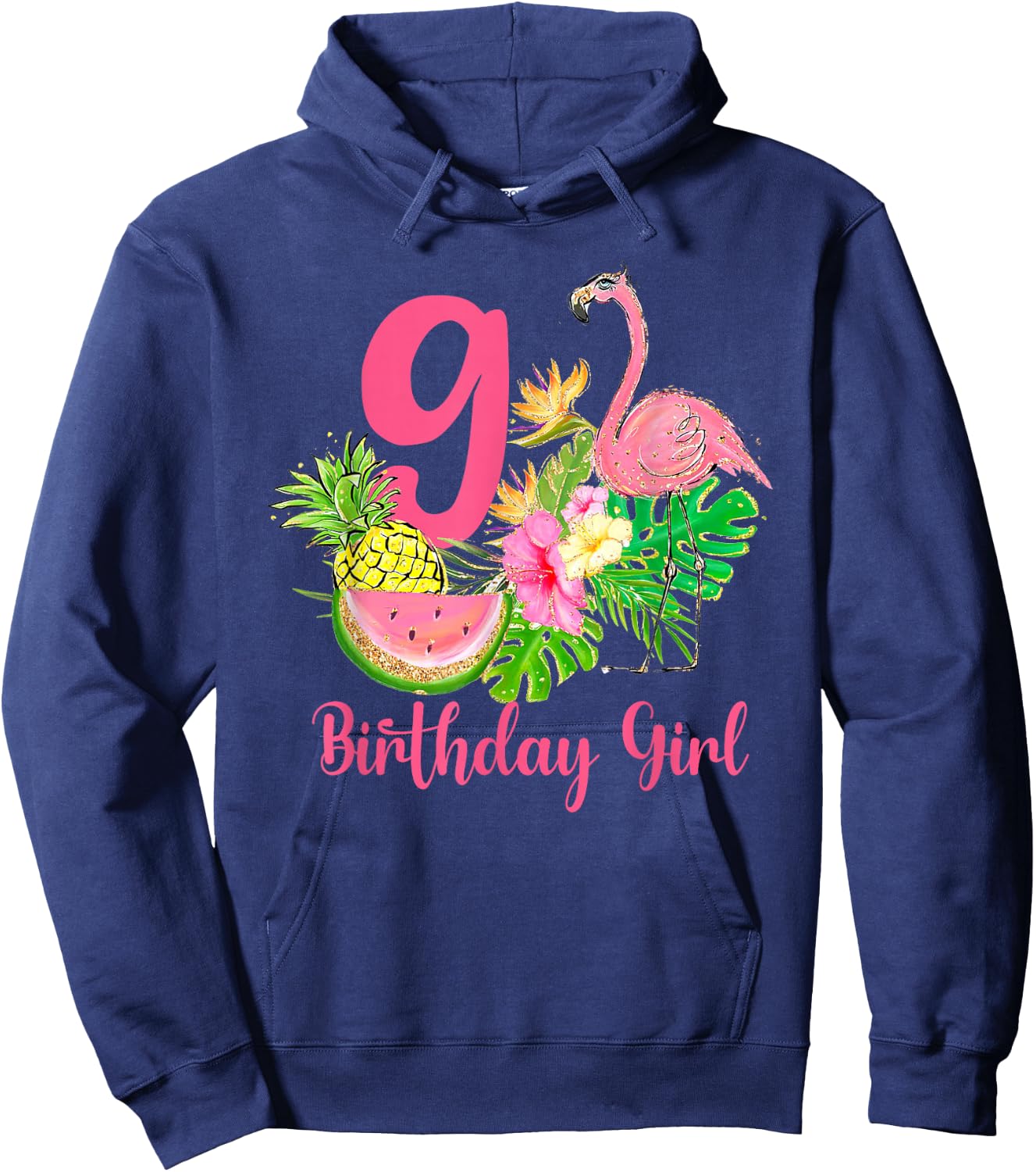 9th Birthday Tropical Flamingo Hawaii 9 Year Old Girl Hoodie - Hoodie | Navy